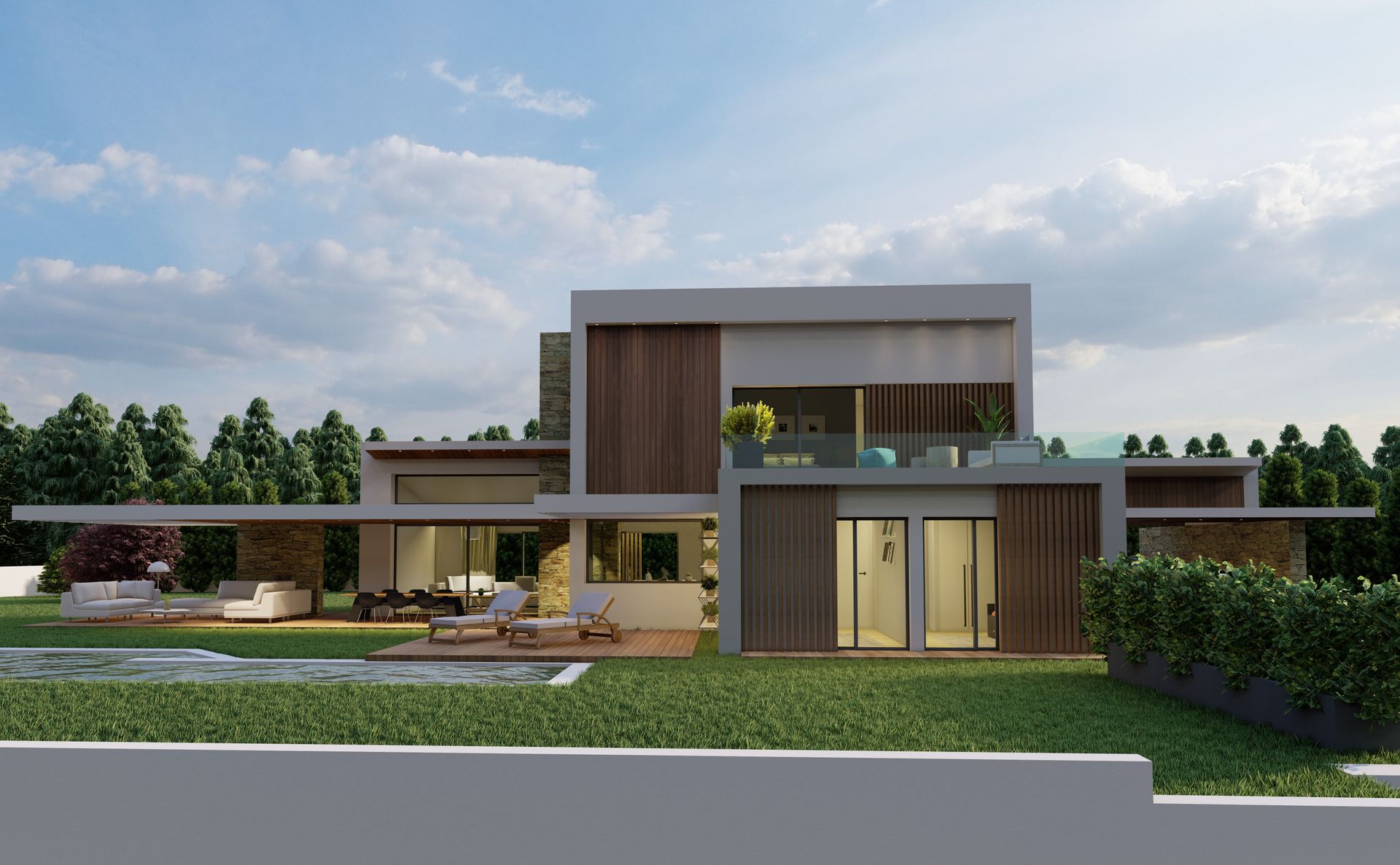 Impresión artística de una casa moderna con piscina en el patio trasero.