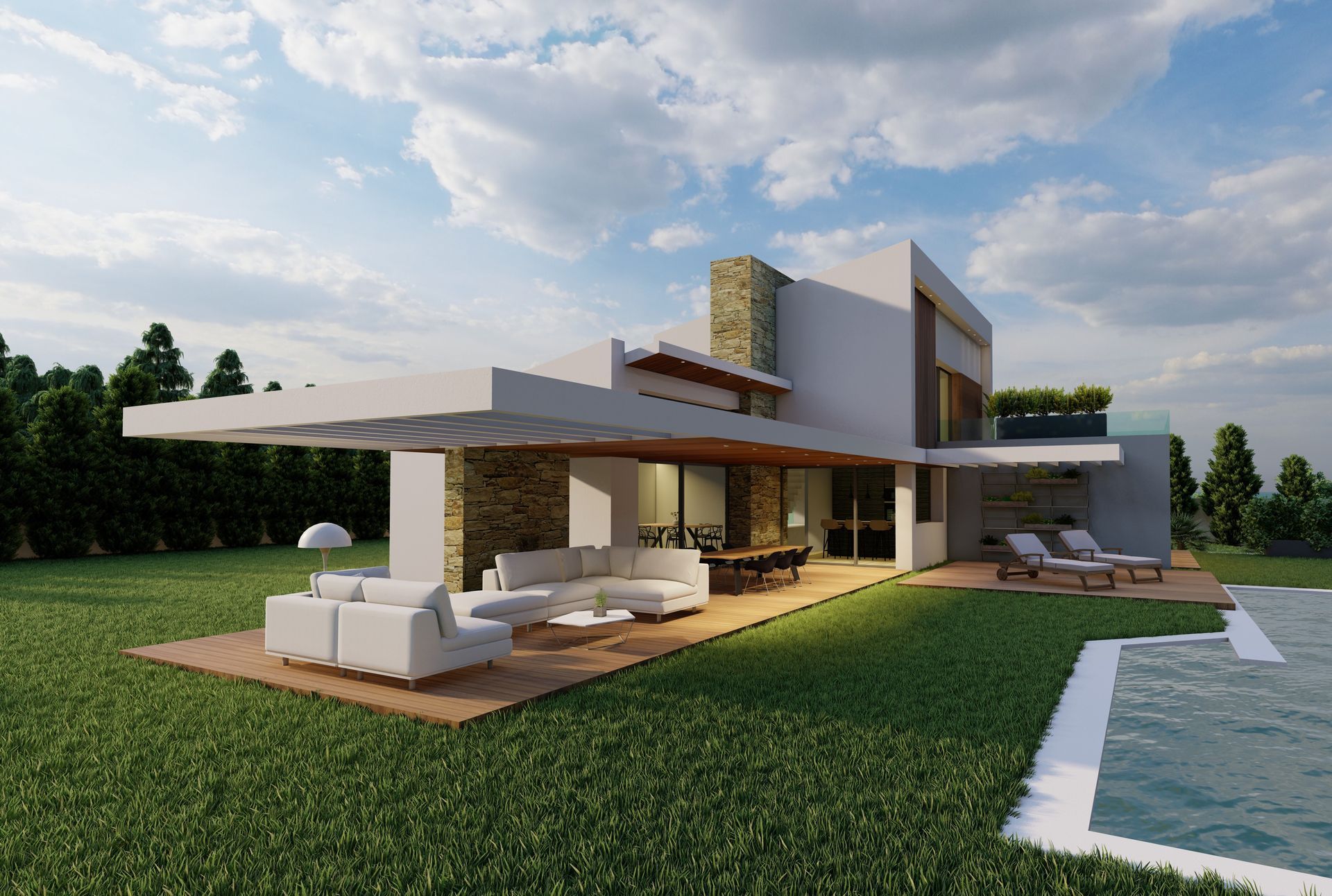 Impresión artística de una casa moderna con piscina.