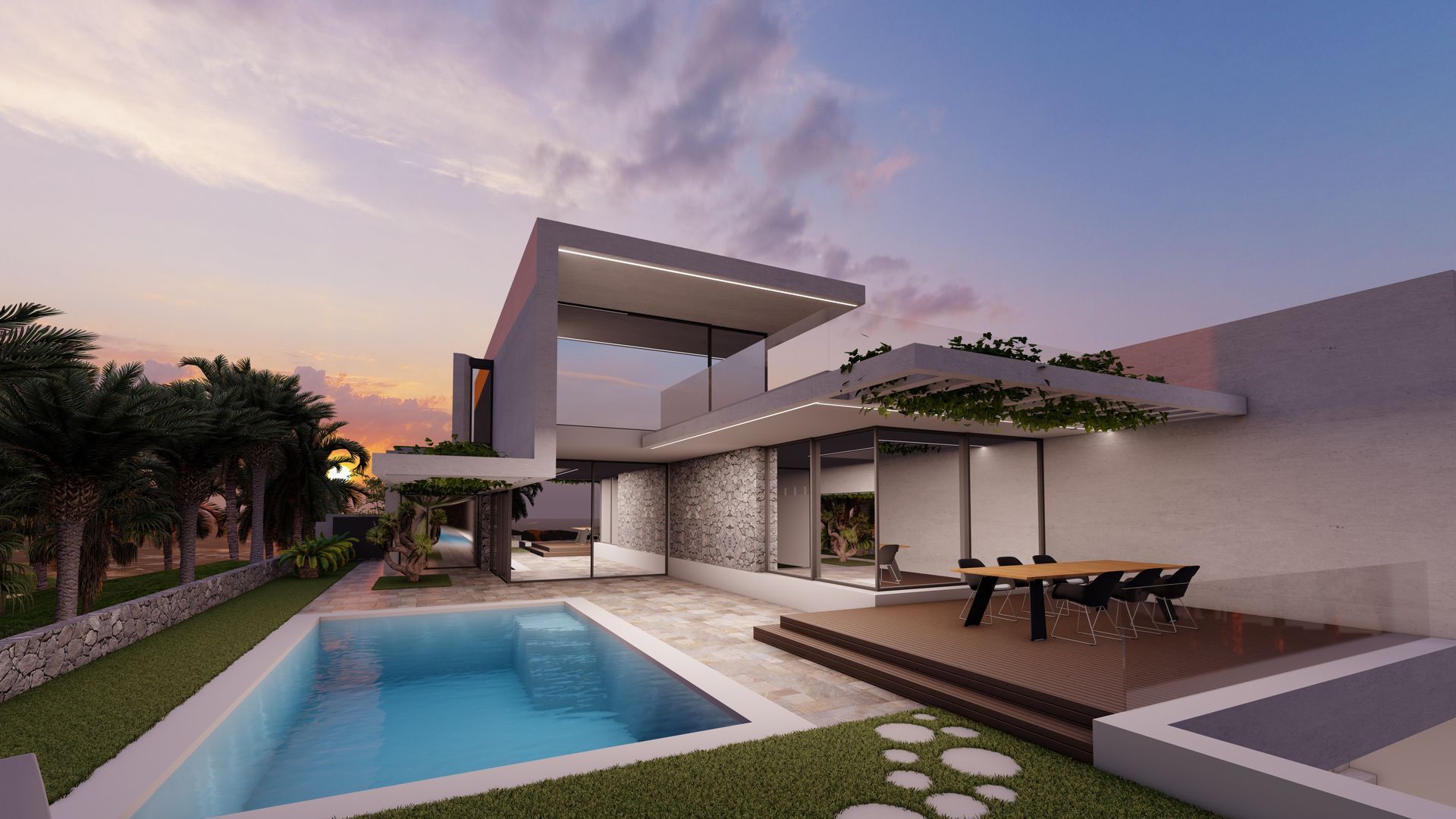 Una casa moderna con una gran piscina en el patio trasero.