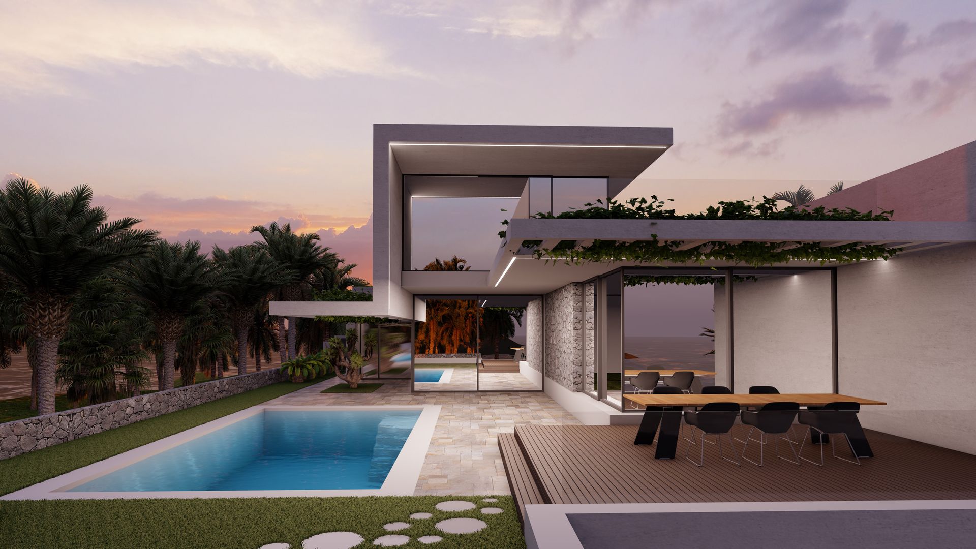 Una casa moderna con piscina y una mesa y sillas delante de ella.