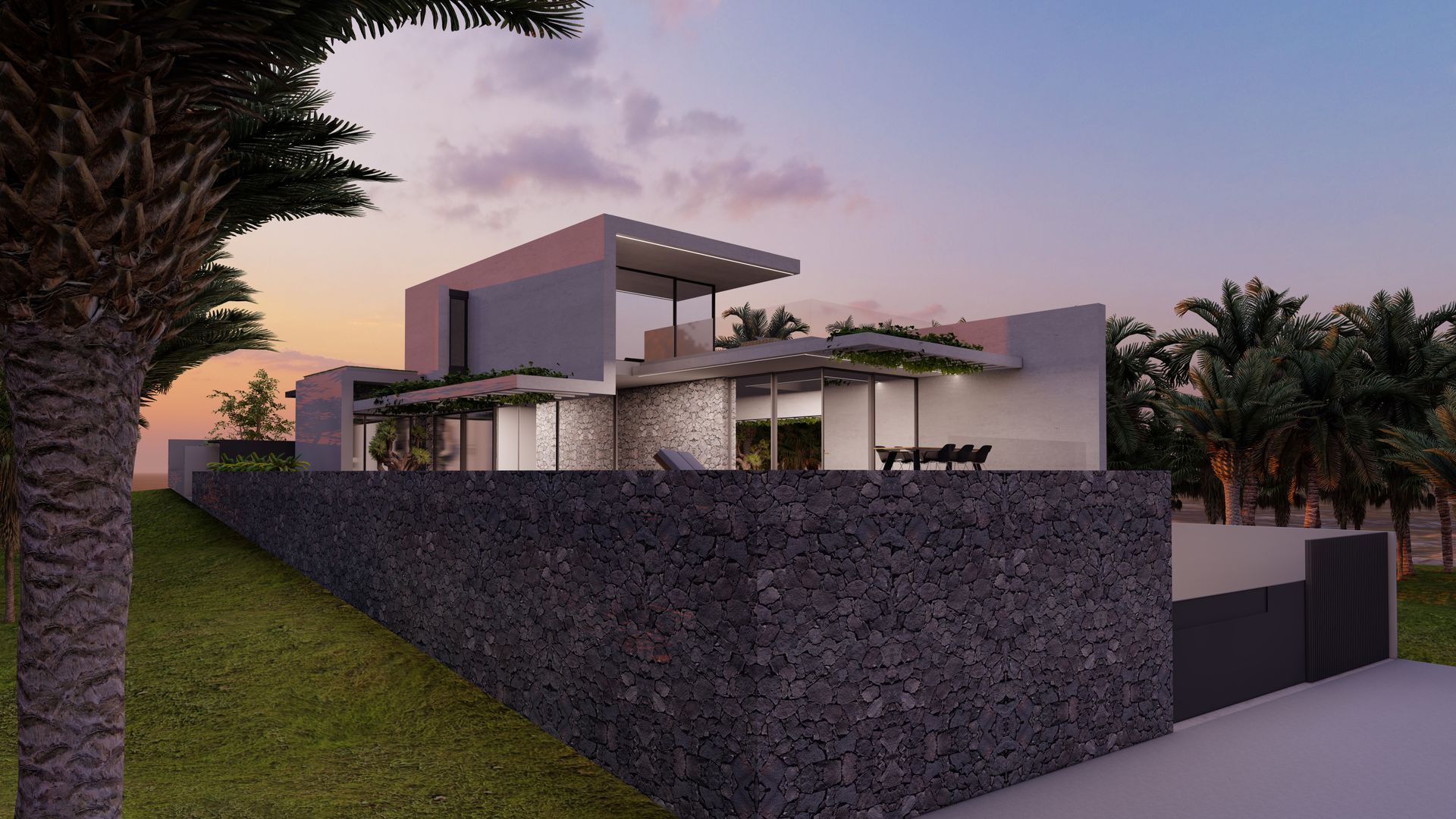 Impresión artística de una casa moderna con un muro de piedra que la rodea.