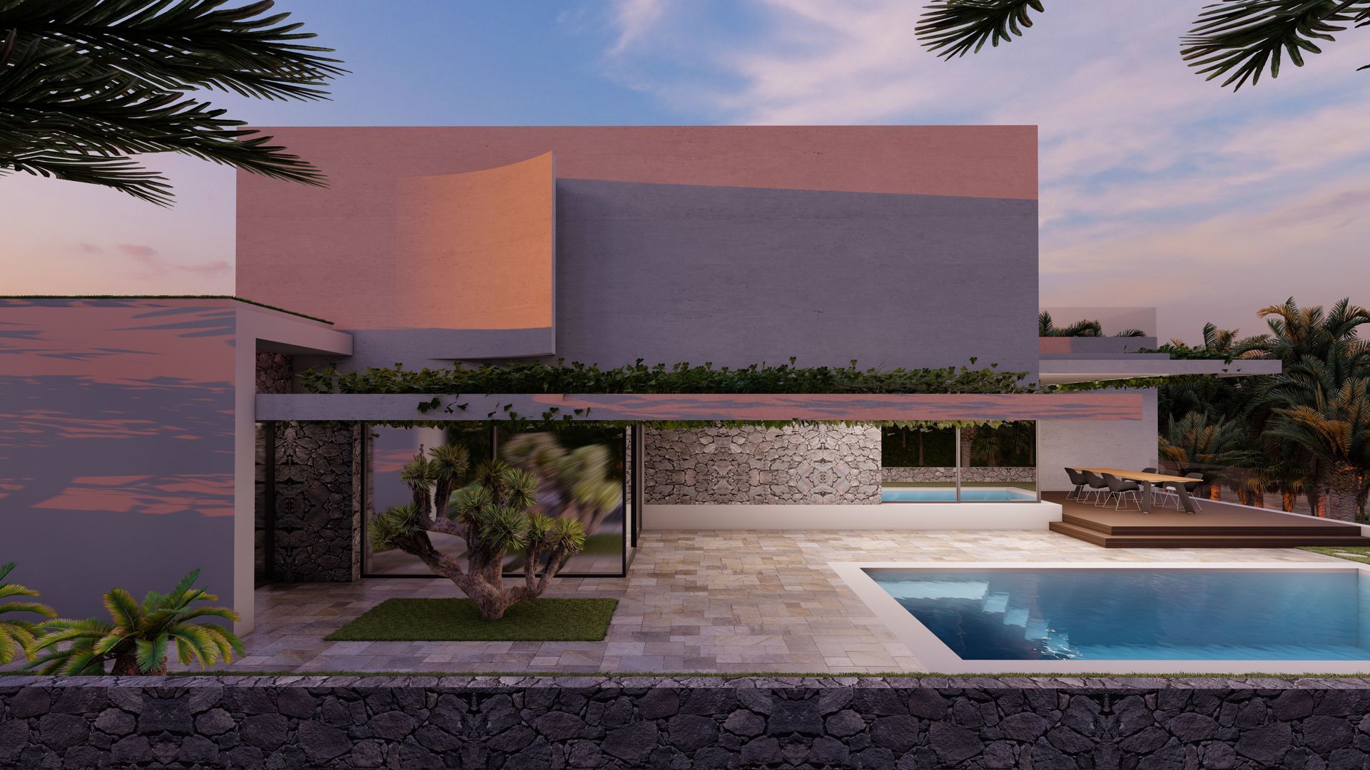 Impresión artística de una casa moderna con piscina.