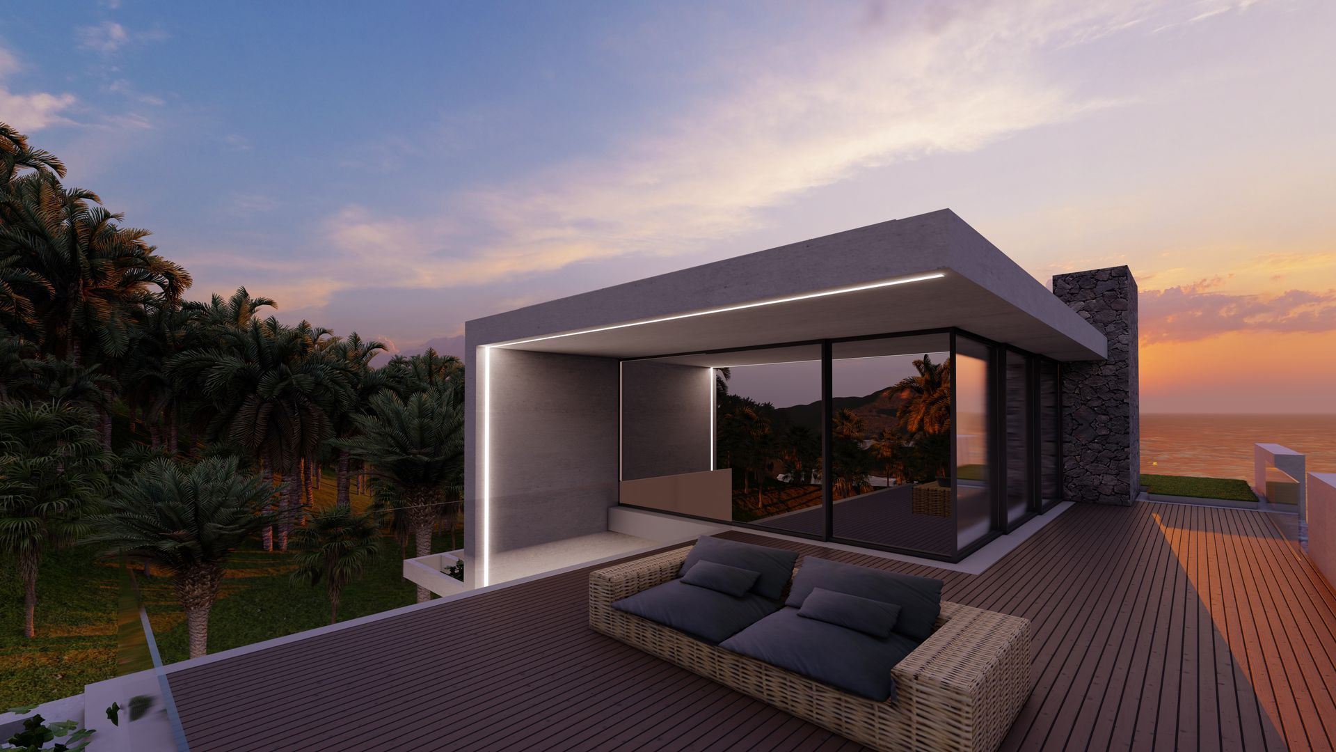 Una impresión artística de una casa moderna con un sofá en la terraza.