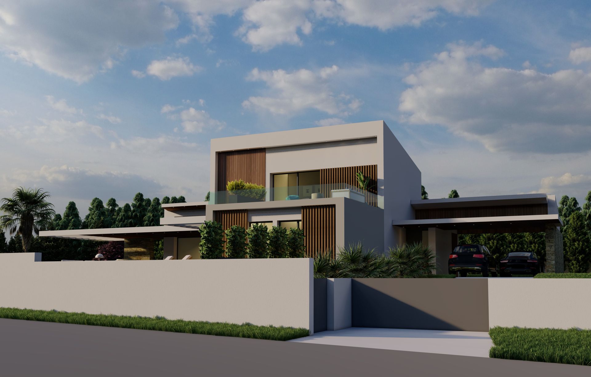 Impresión artística de una casa moderna con un coche aparcado delante de ella.