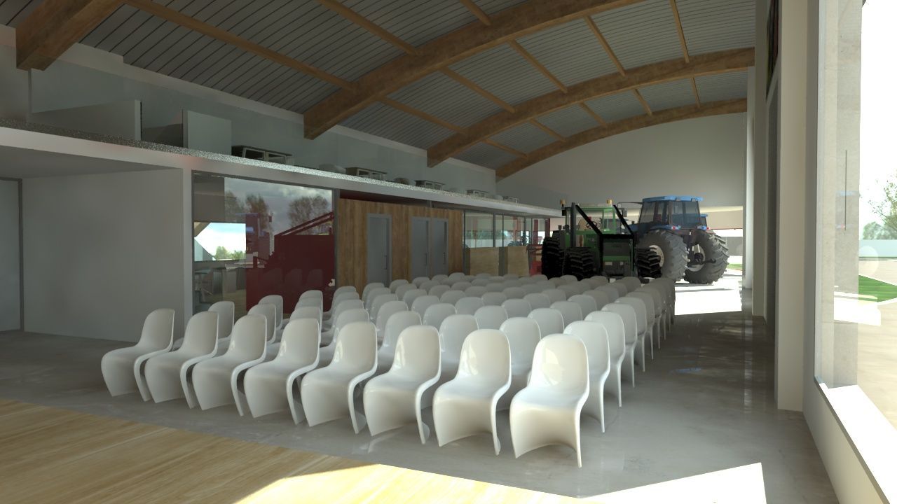Una gran sala con sillas blancas y un tractor al fondo.