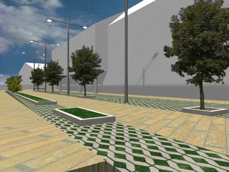 Impresión artística de una acera con árboles y césped.