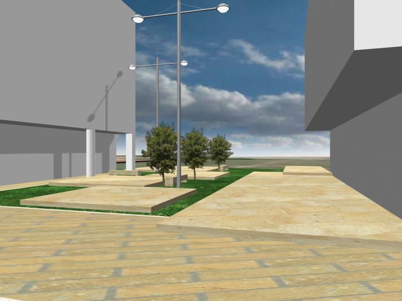 Una representación 3D de una calle con árboles y farolas.