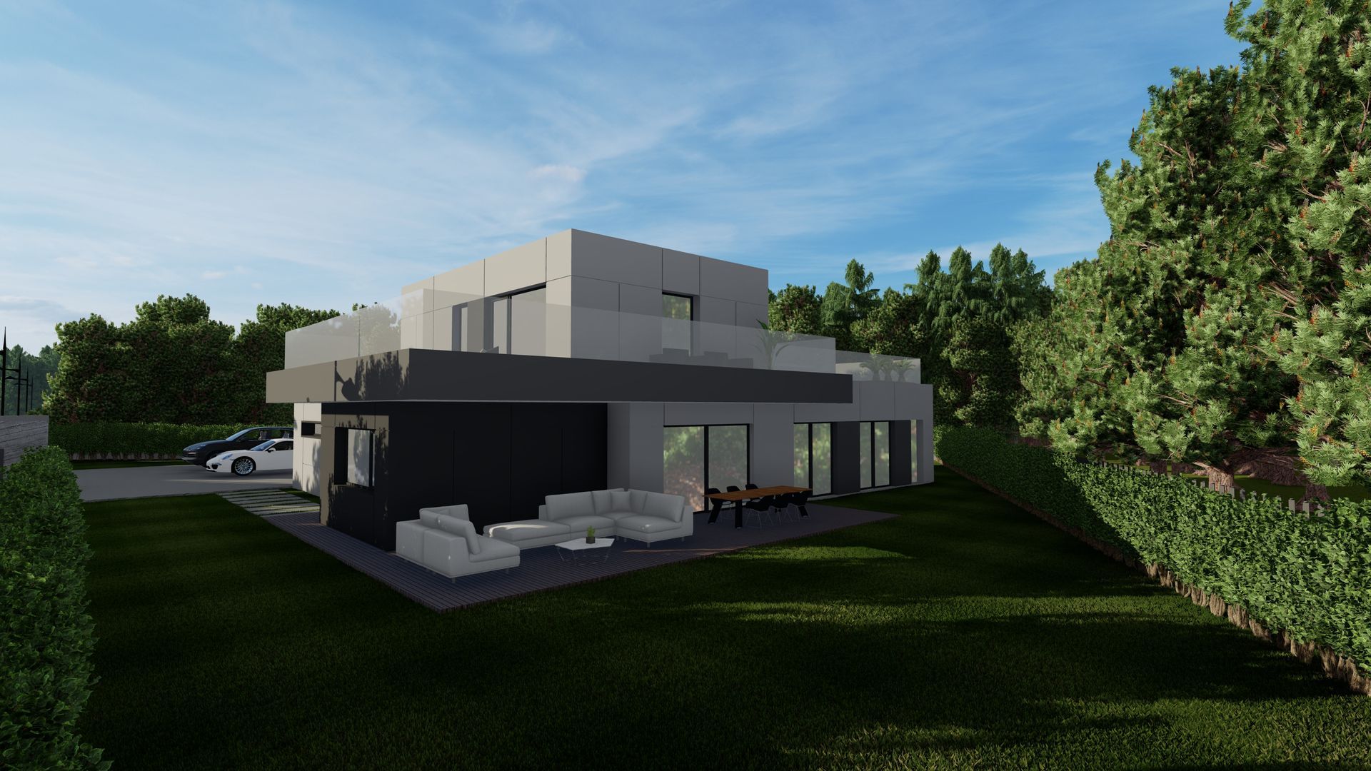 Impresión artística de una casa moderna con un gran jardín y árboles al fondo.