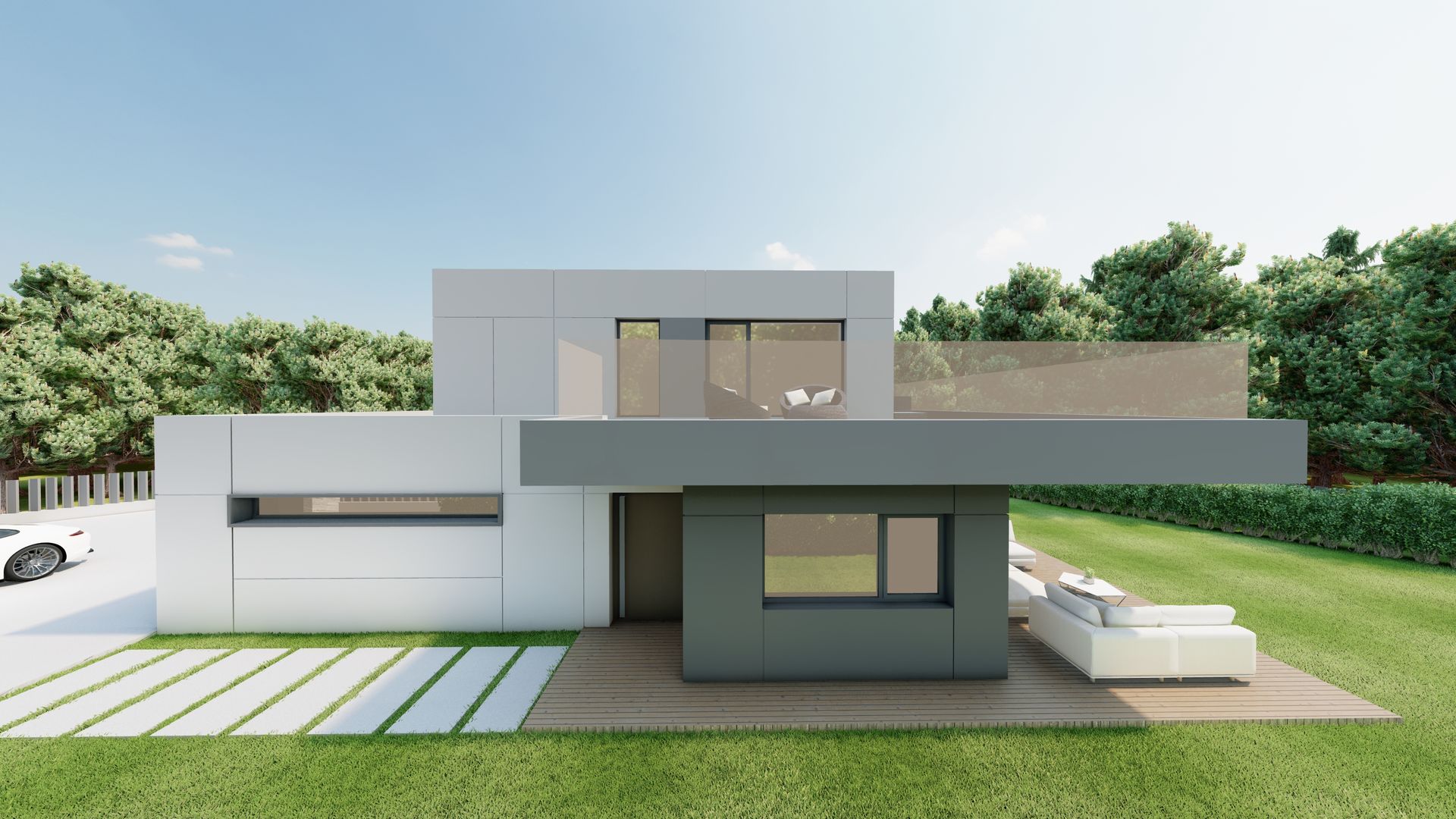 Una casa moderna con un coche aparcado delante.