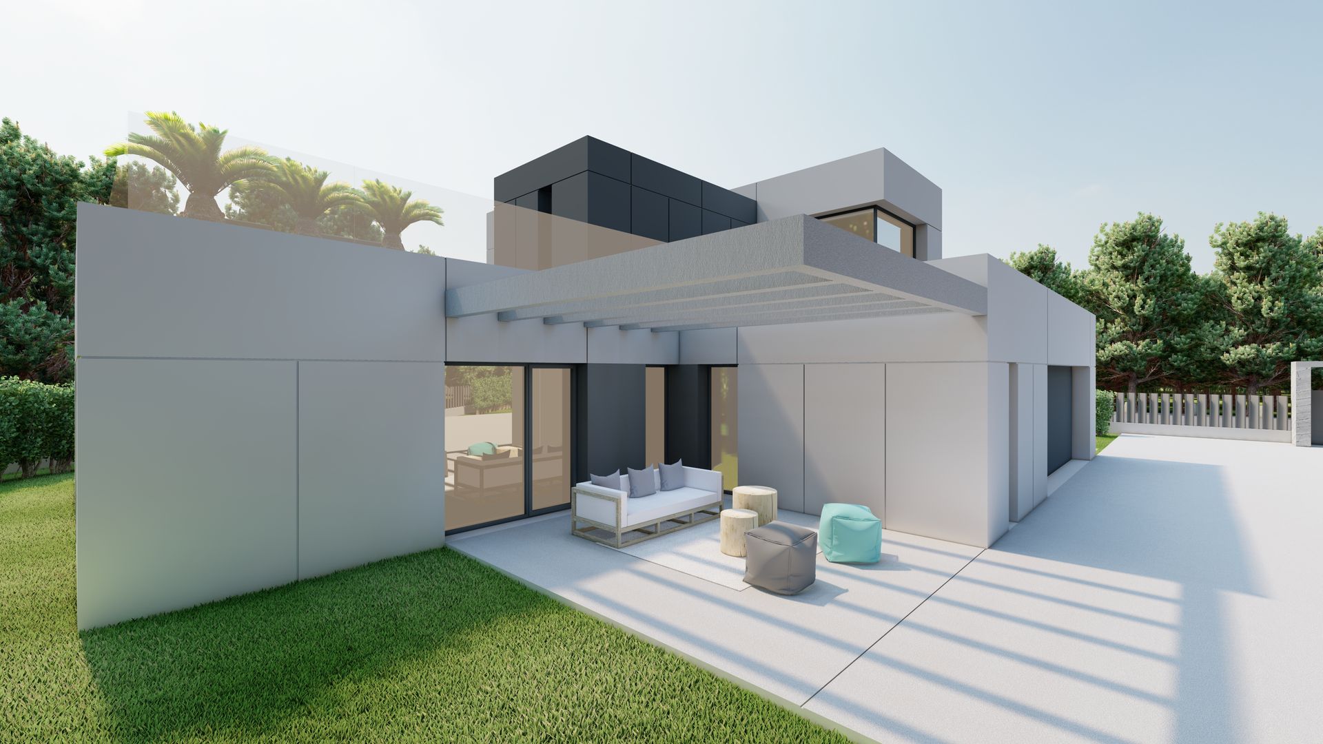 Impresión artística de una casa moderna con un patio delante.