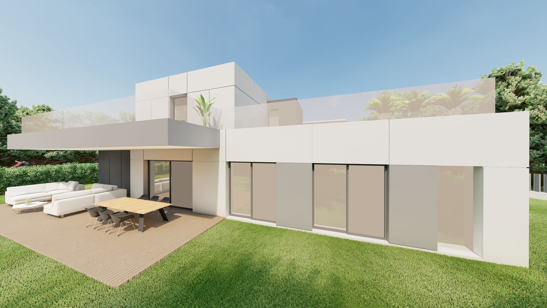 Impresión artística de una casa moderna con un gran jardín delante de ella.