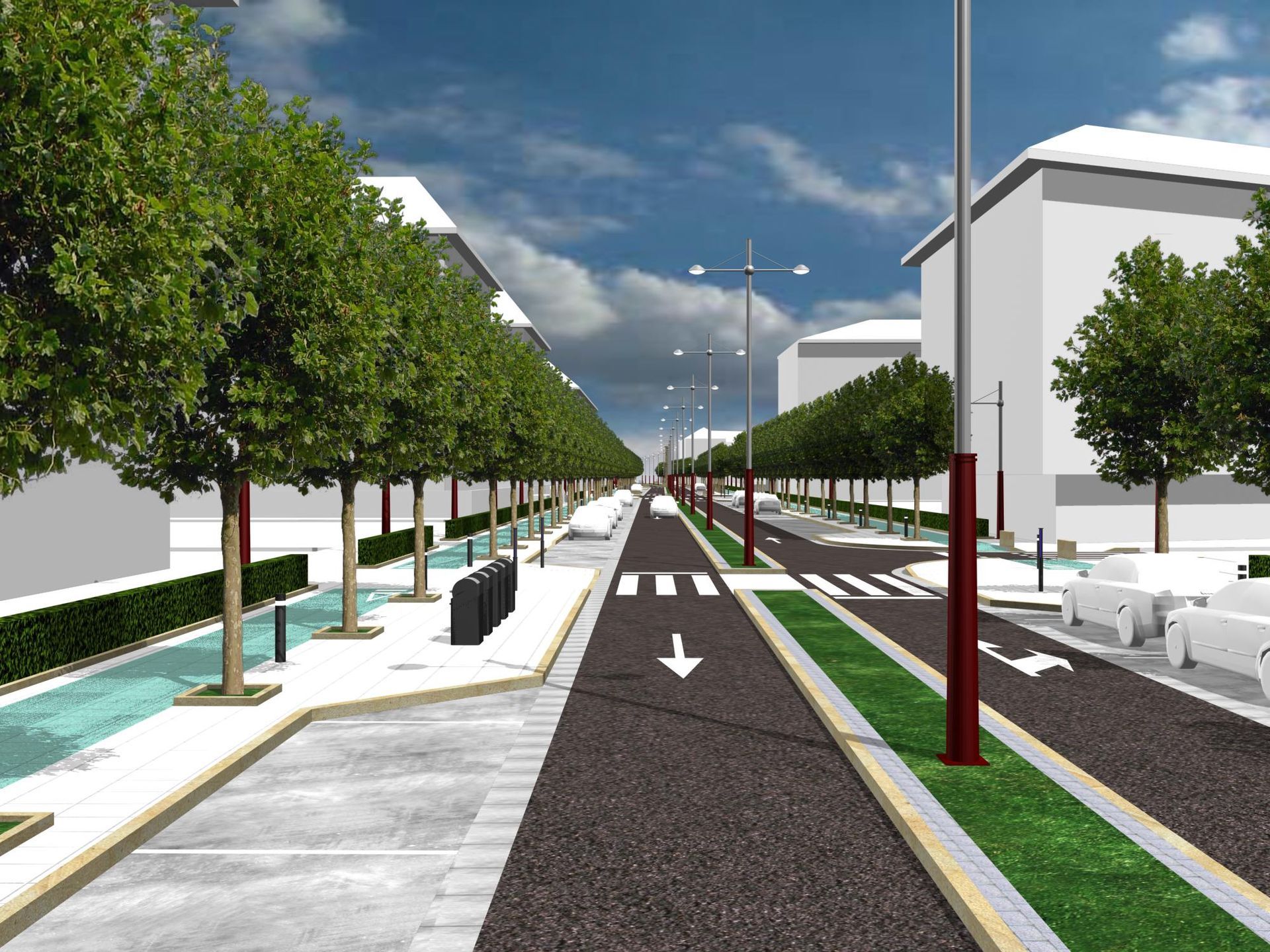 Impresión artística de una calle con árboles y coches.