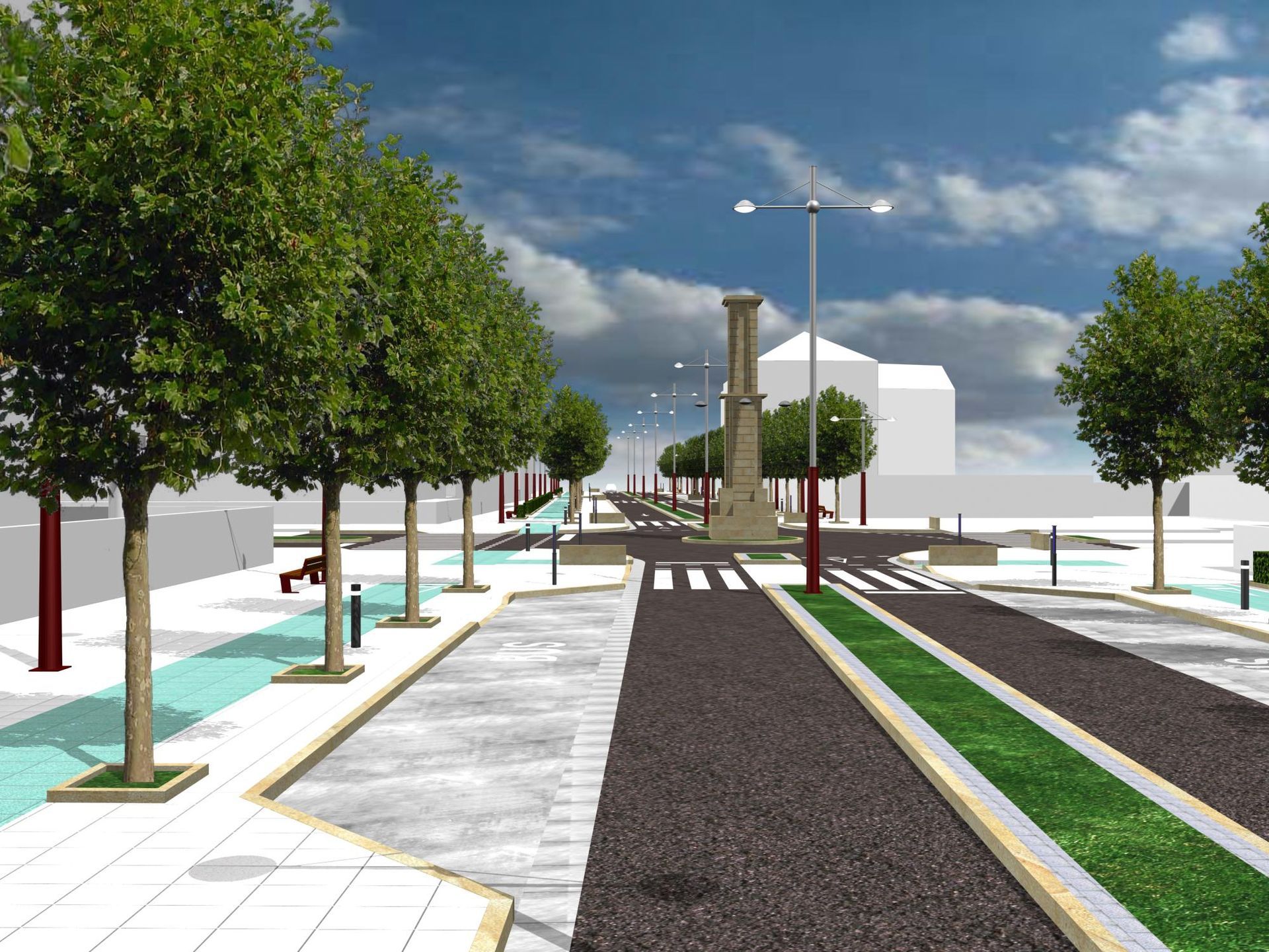 Impresión artística de una calle con árboles a ambos lados.