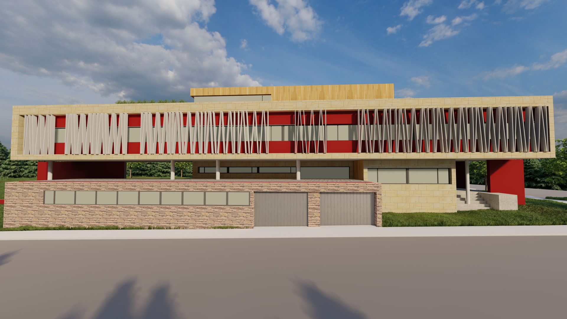 Impresión artística de un gran edificio con fachada roja y blanca.