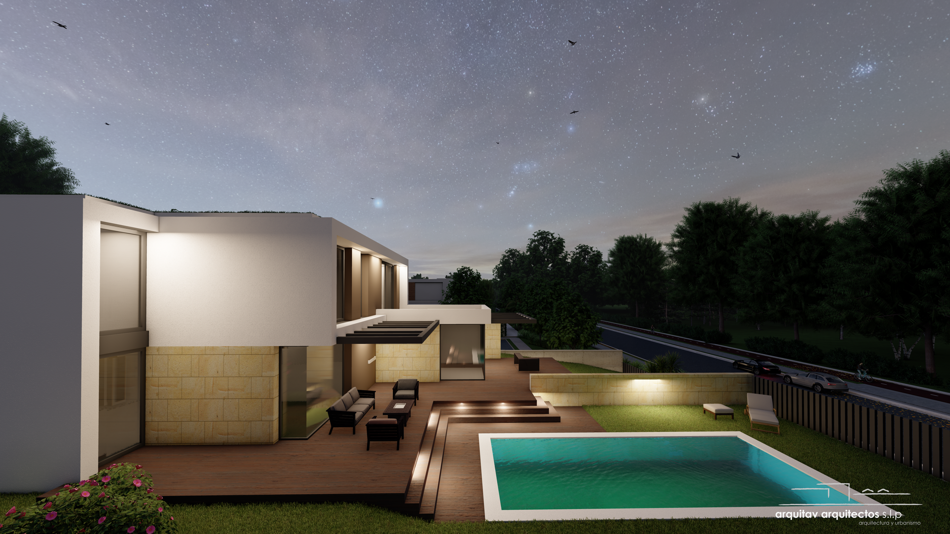 Impresión artística de una casa con piscina.