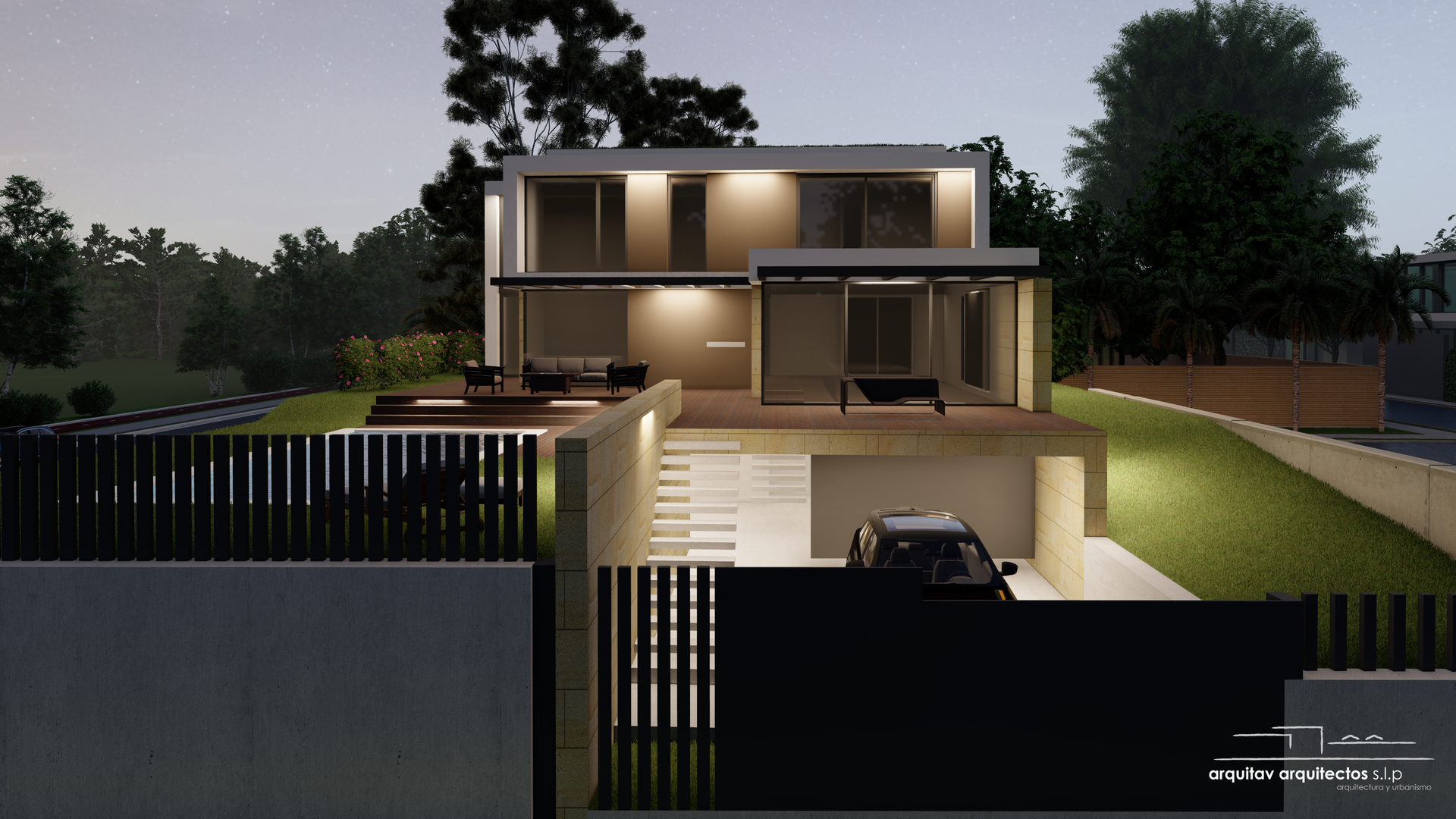 Una casa moderna con un coche aparcado delante.