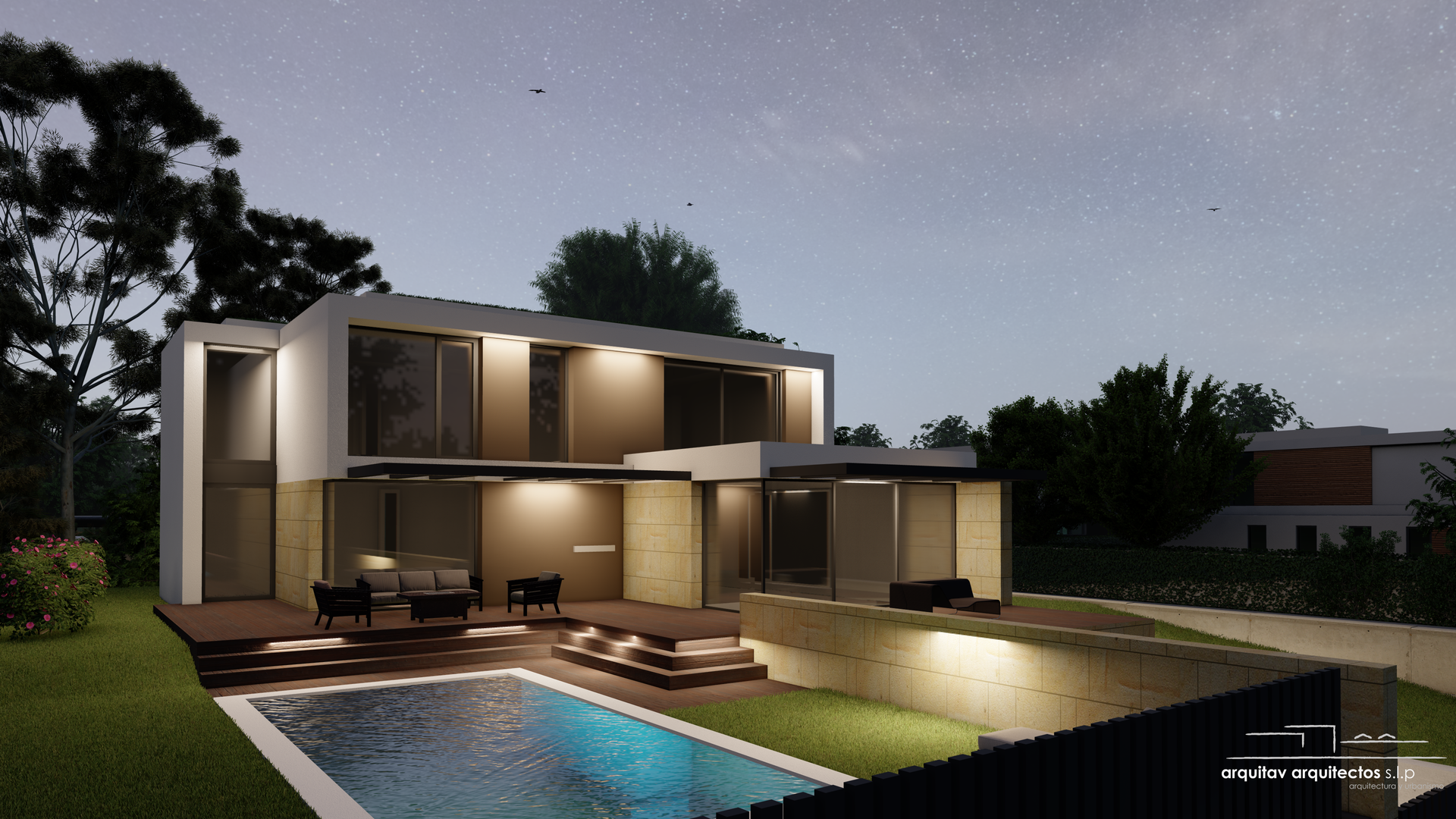 Una casa moderna con piscina en frente.