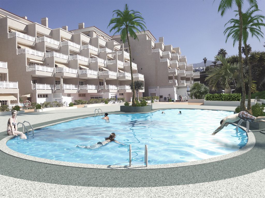Impresión artística de una piscina frente a un edificio.