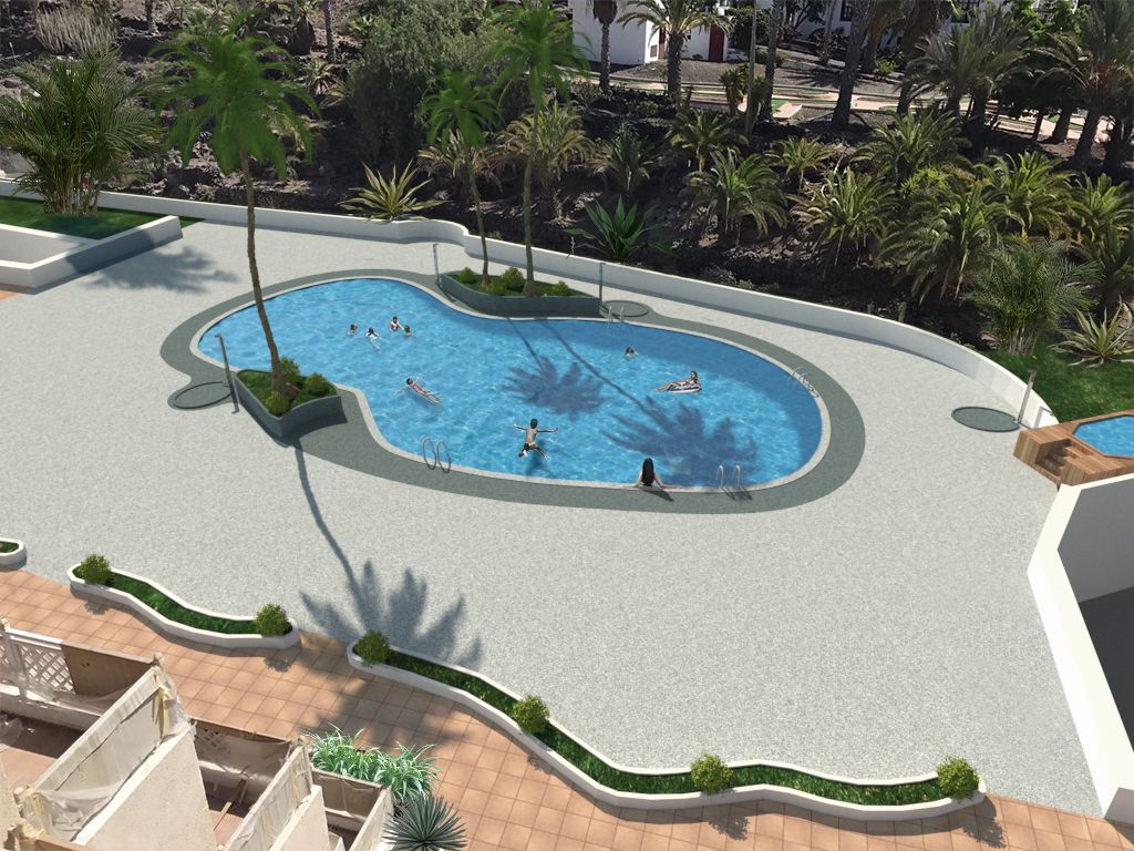 Impresión artística de una gran piscina rodeada de palmeras.