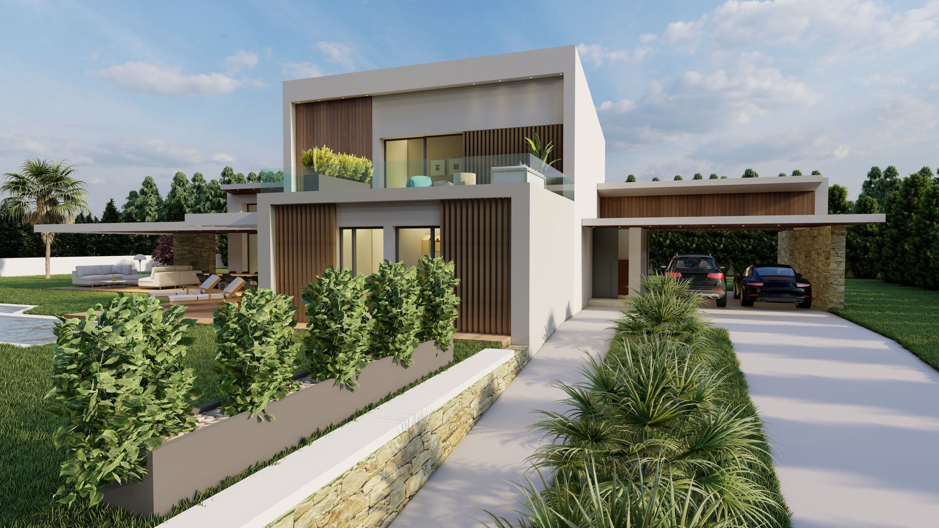 Una casa moderna con un coche aparcado delante.