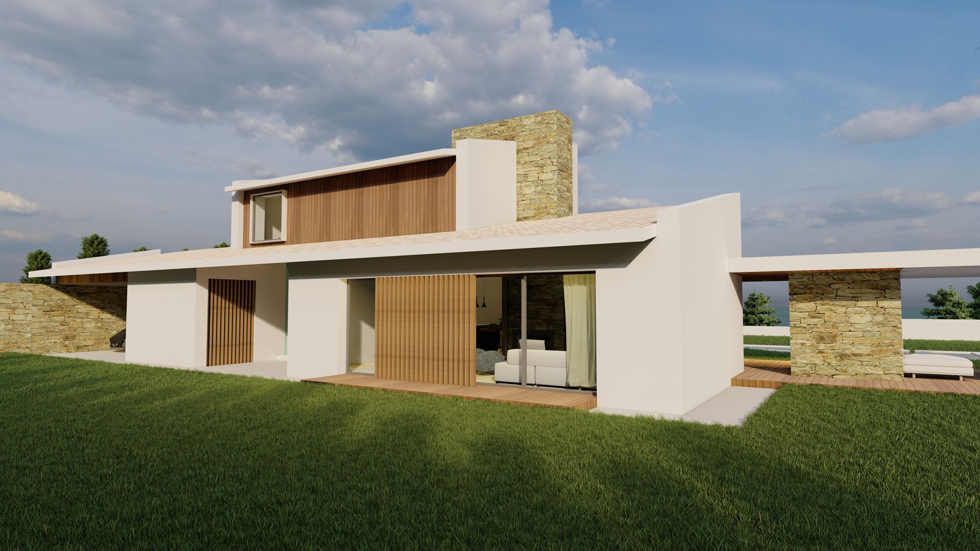 Impresión artística de una casa moderna con un gran jardín delante de ella.