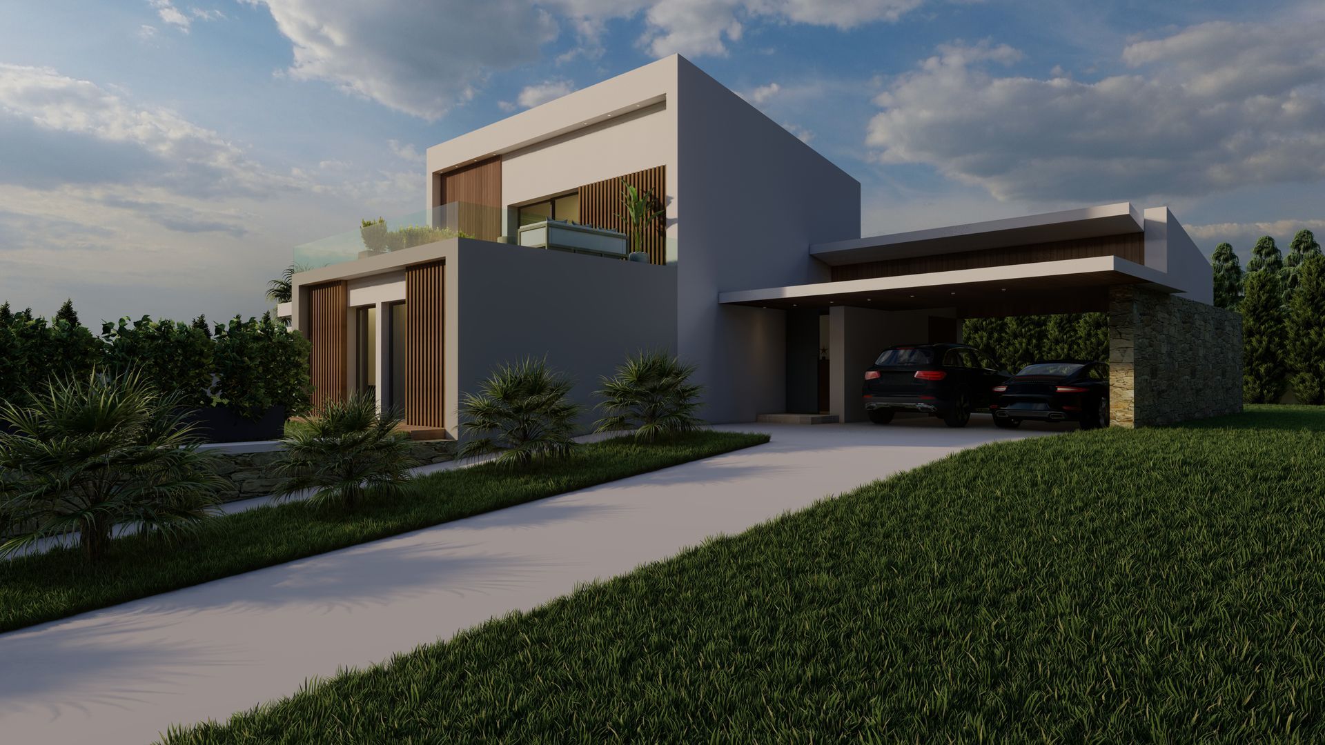 Una casa moderna con dos coches aparcados delante de ella.