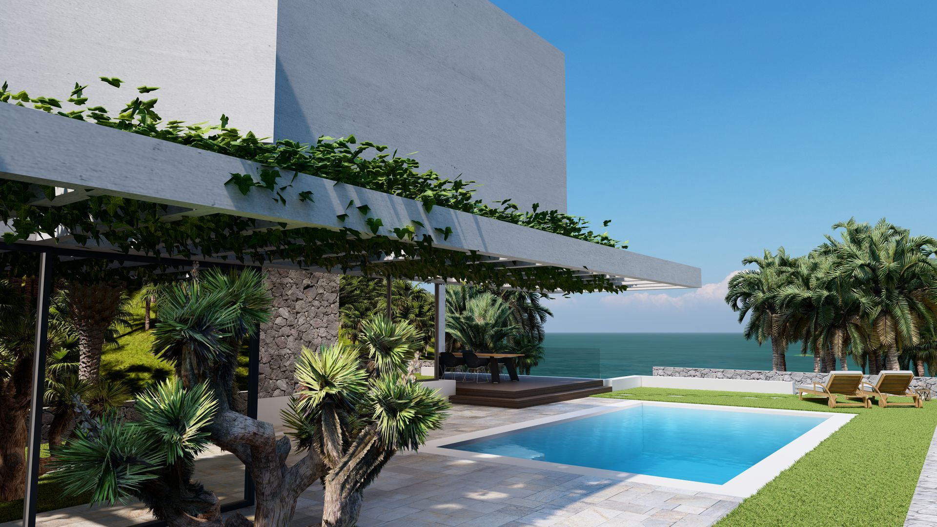 Impresión artística de una casa con piscina y vista al océano.