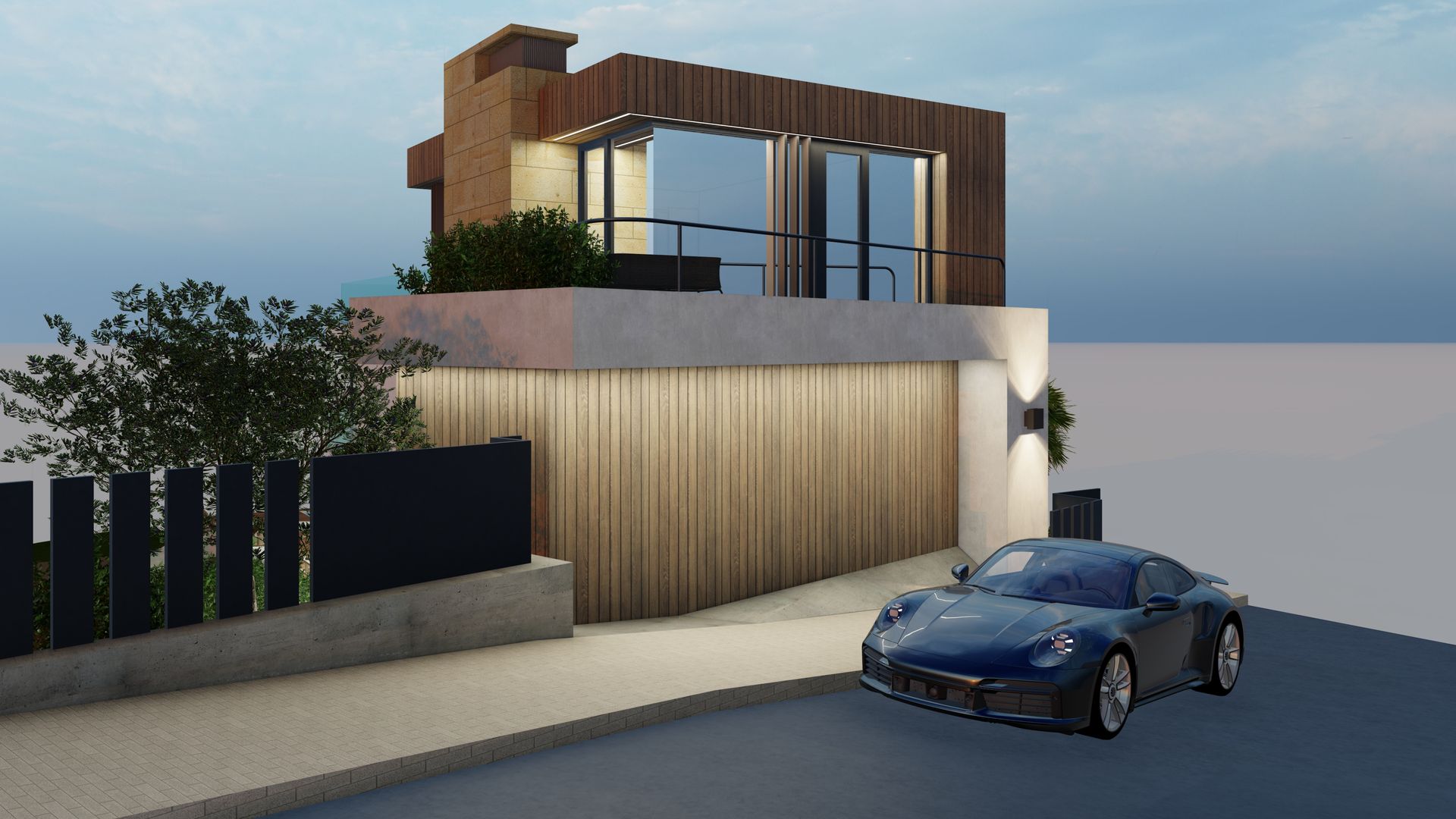 Un coche azul está aparcado delante de una casa.