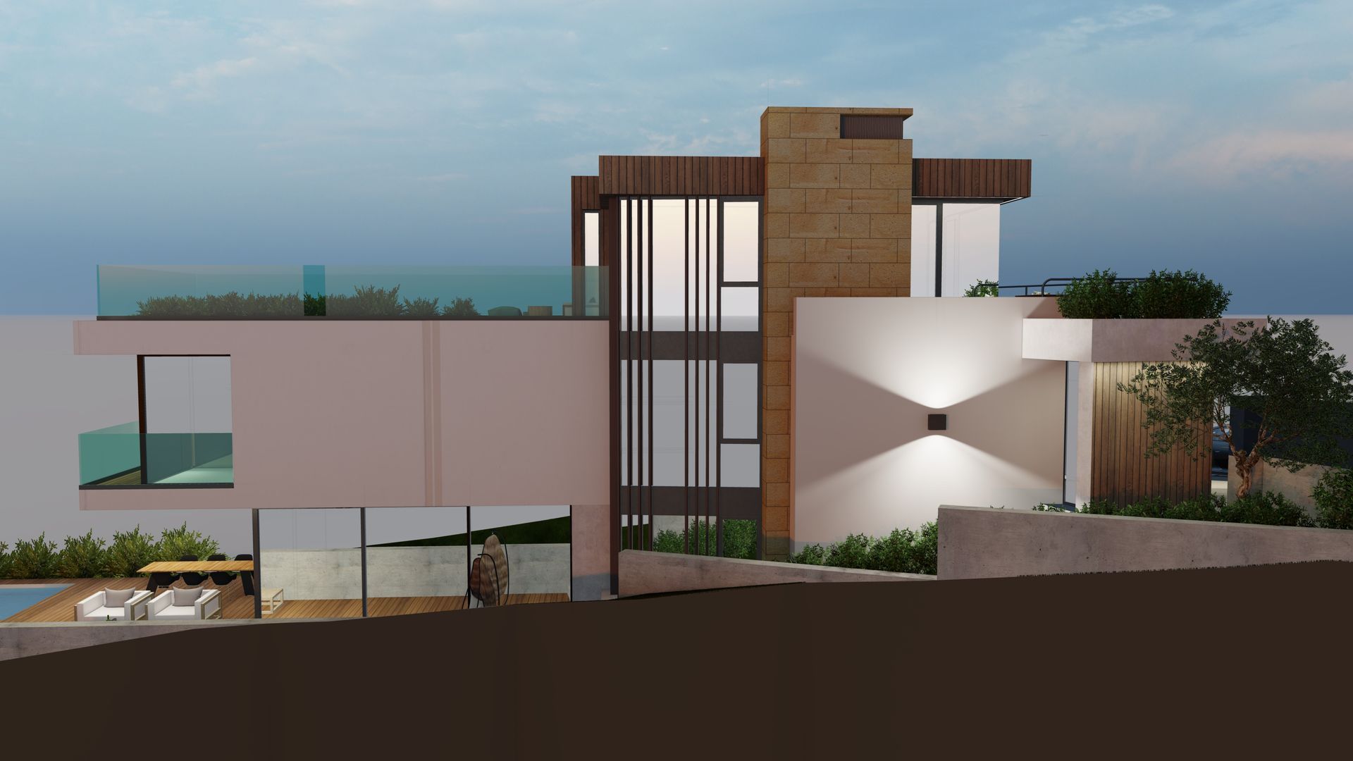 Impresión artística de una casa moderna con balcón.