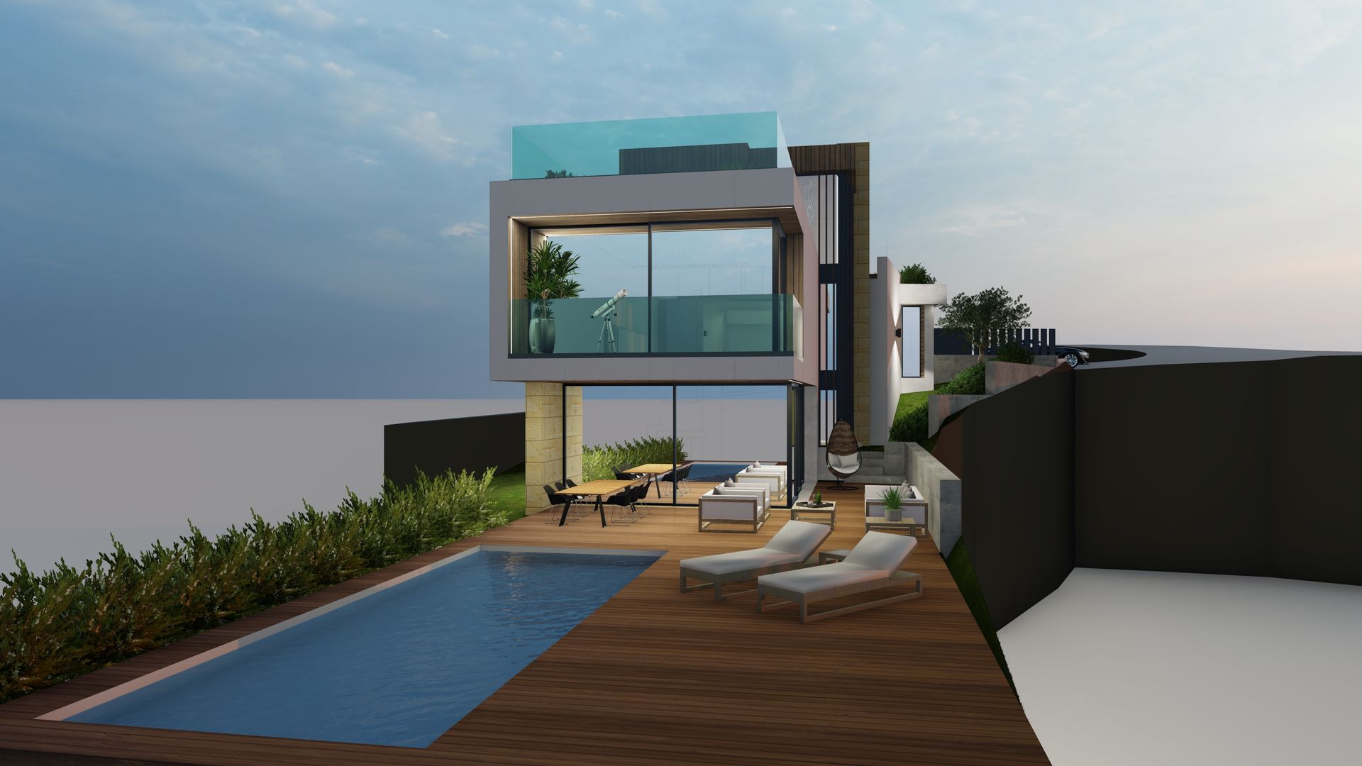 Impresión artística de una casa con piscina.