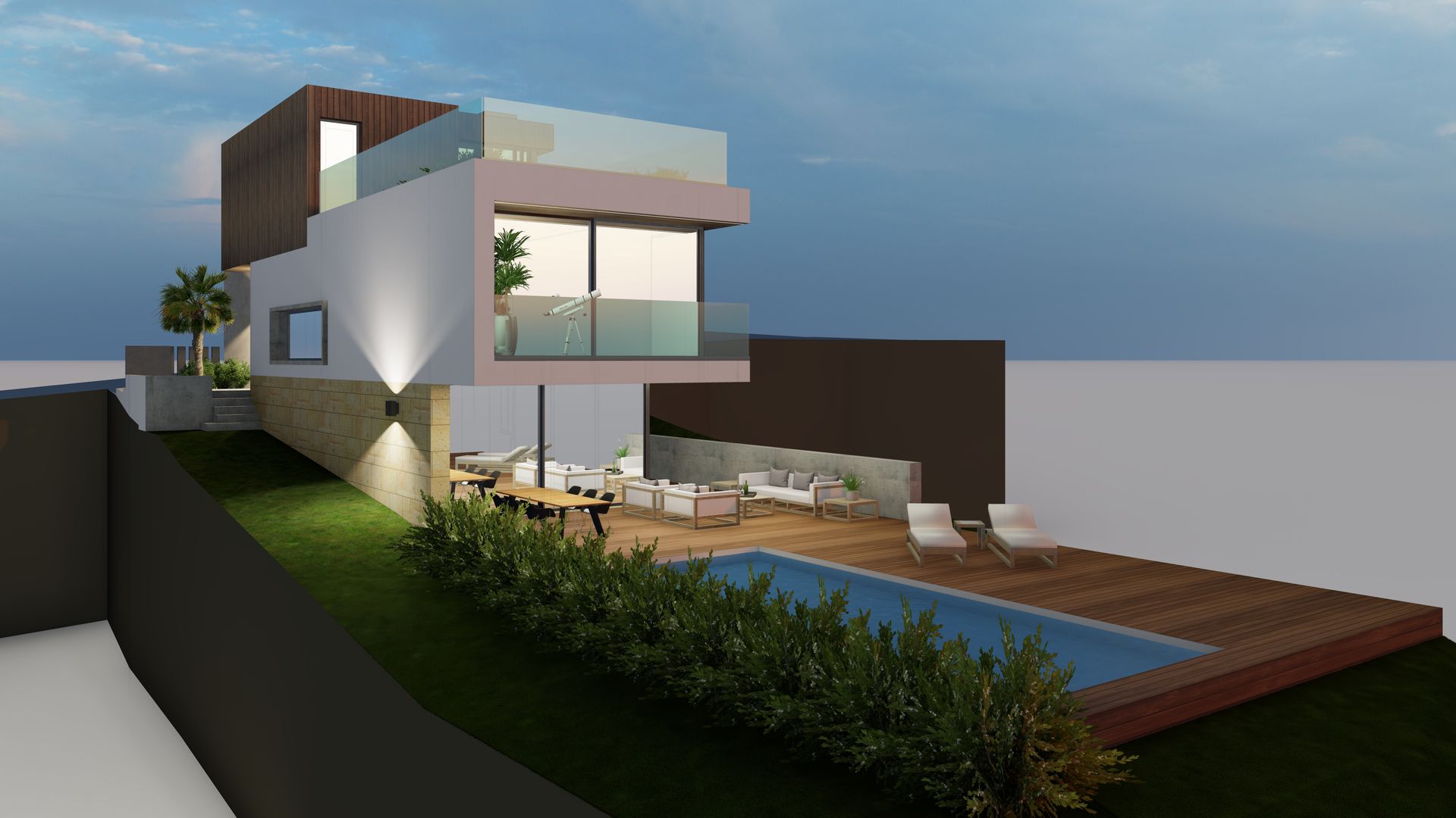 Impresión artística de una casa moderna con piscina.