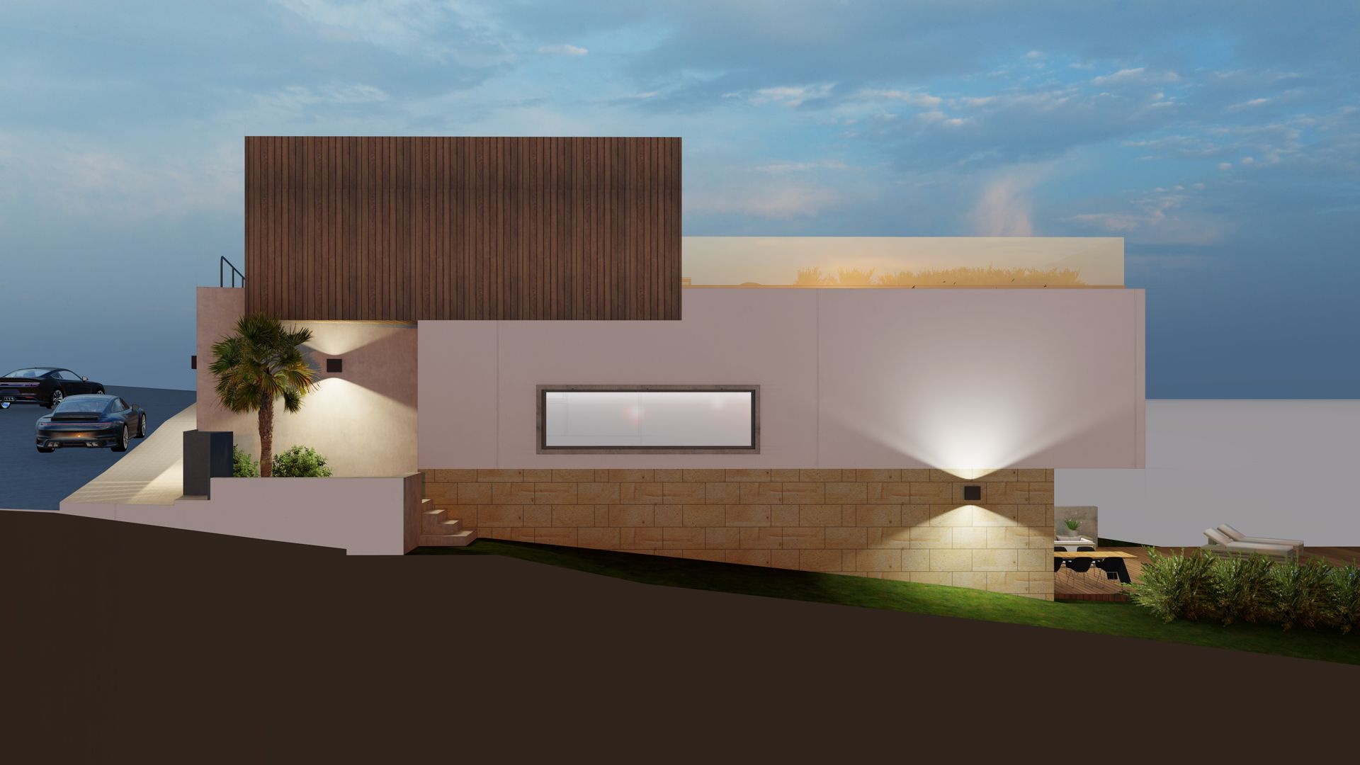 Una representación 3D de una casa moderna en una colina.