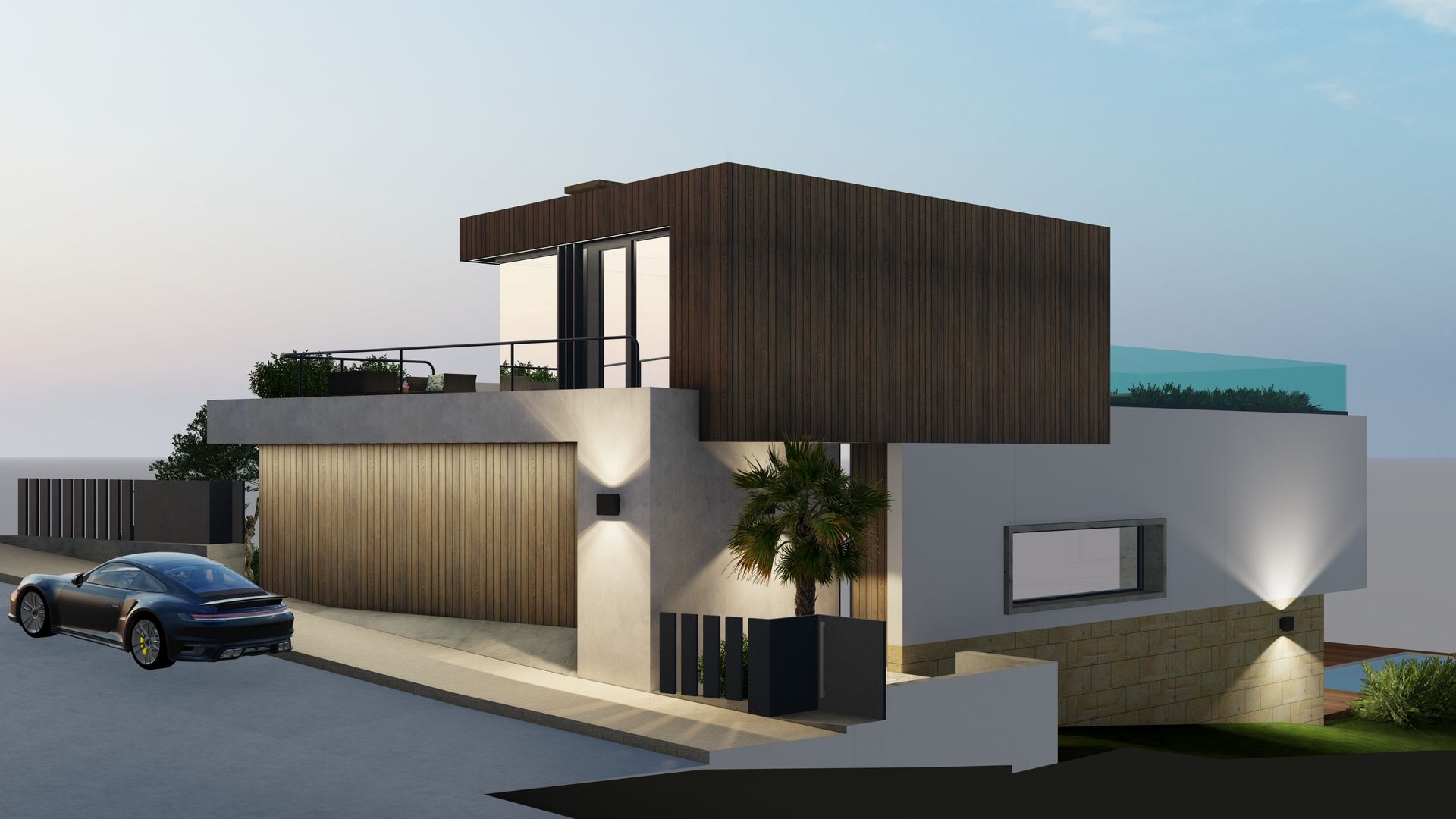 Un coche está aparcado delante de una casa moderna.