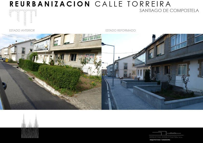 Una fotografía de antes y después de una hilera de casas.