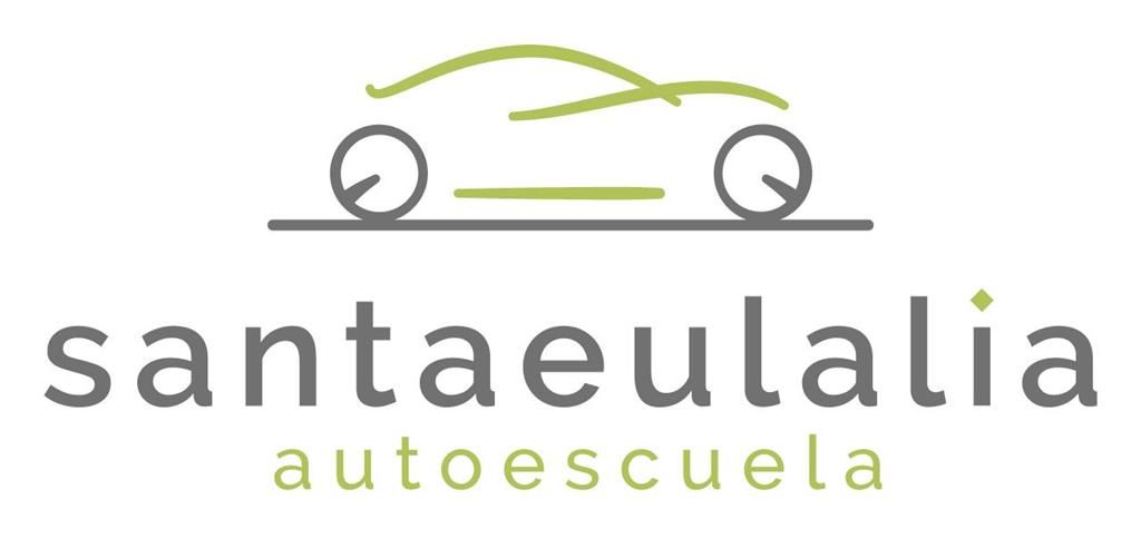 Un logotipo para Santaeulalia Autoescuela con un coche en él.