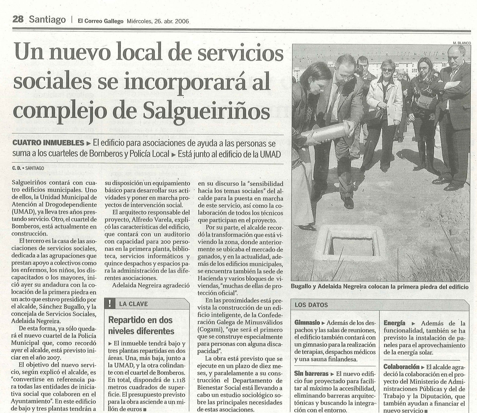 A newspaper article titled un nuevo local de servicios sociales se incorporara al complejo de salgueirinos