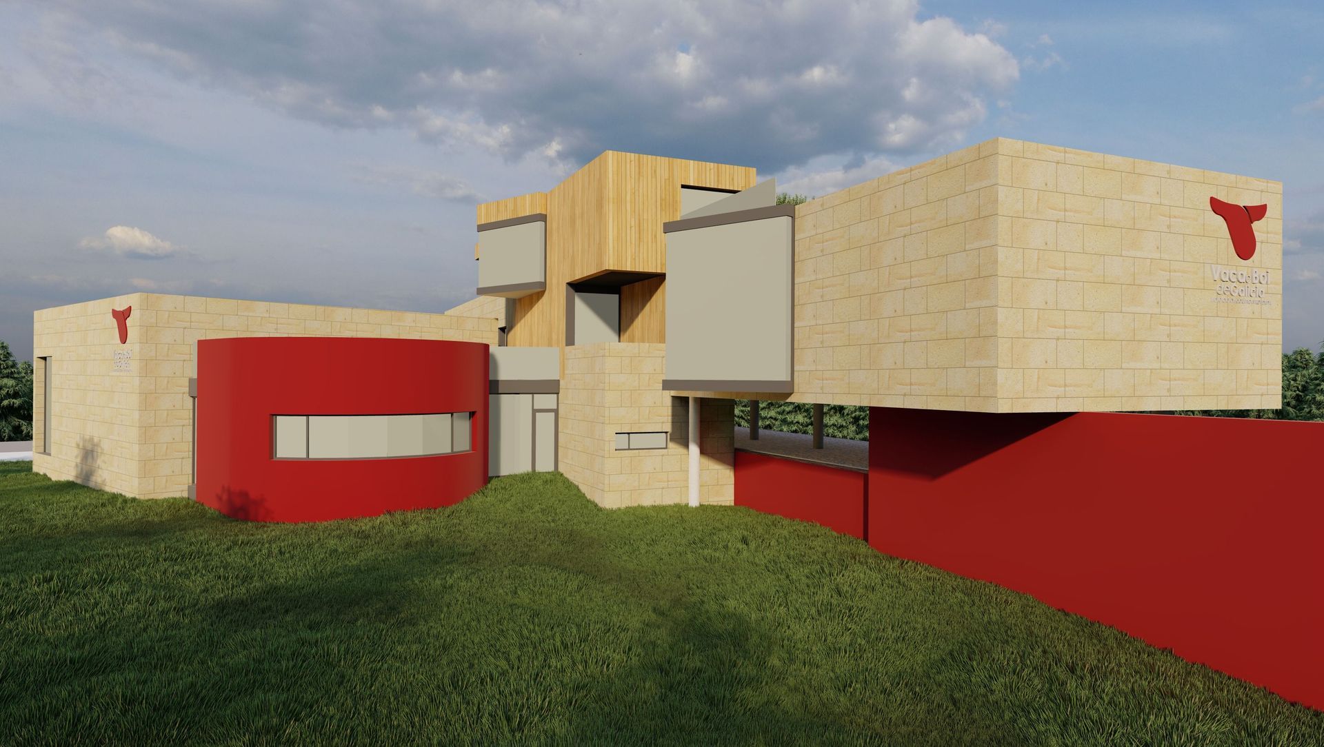 Impresión artística de un edificio con un toro en el costado.