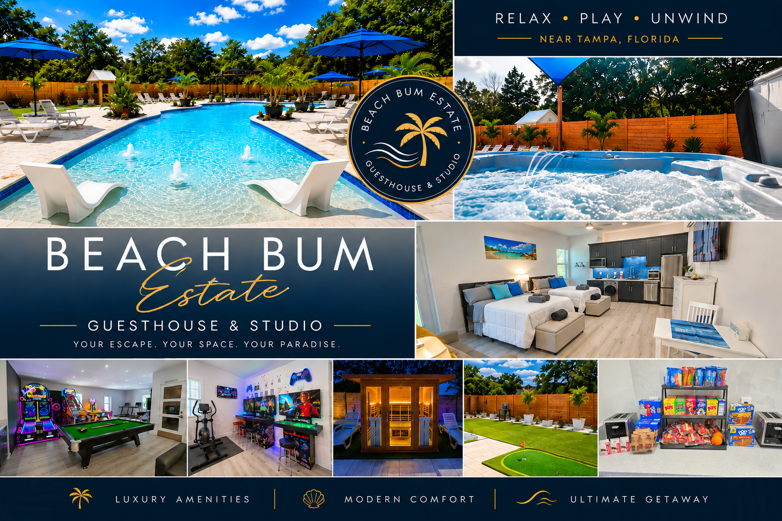 Beach Bum St. Croix resort collage with pool, lounge areas, rooms, and tropical beach views