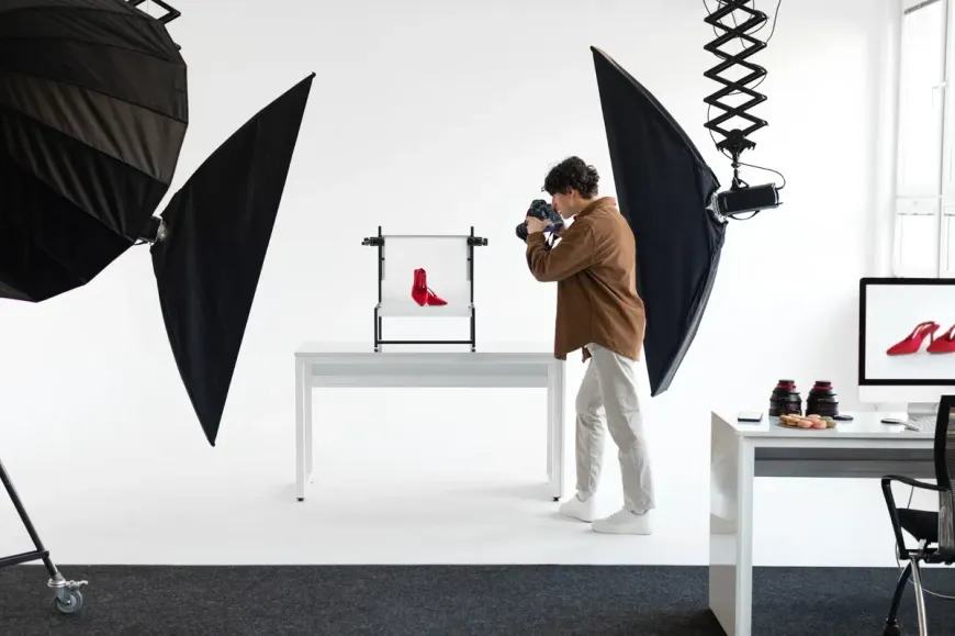 Fotógrafo tomando fotografías de producto de zapatos de tacón alto rojos con iluminación de estudio.