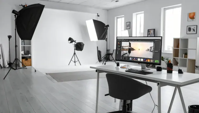 Estudio fotográfico con fondo blanco, luces y mesa de edición.