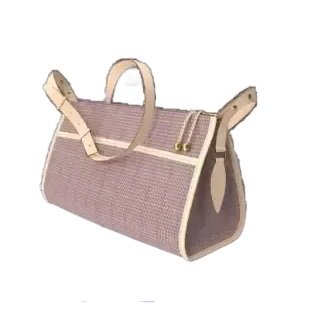 Bolso de mano tejido de color rosa con detalles y asas en color tostado claro.