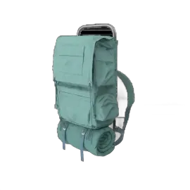 Mochila con marco verde azulado y saco de dormir enrollado adjunto.