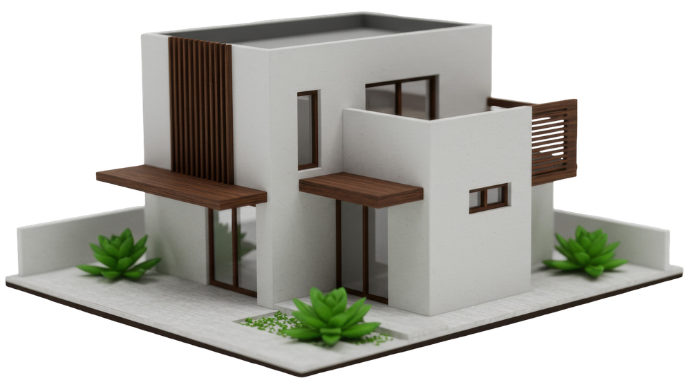 Modèle de maison moderne et minimaliste à deux étages avec murs blancs, touches de brun et petits arbustes sur une plaque de base