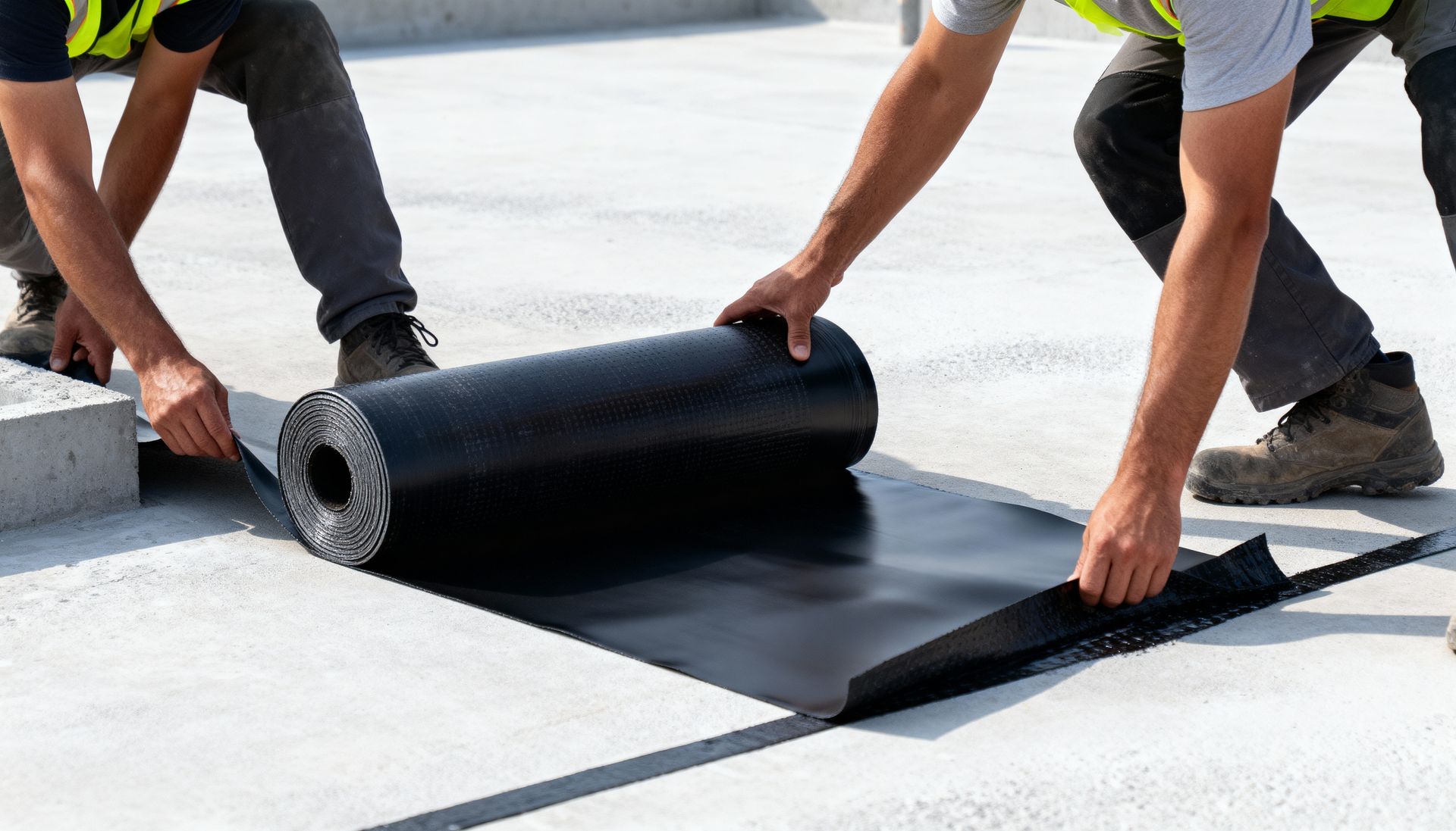 Des ouvriers déroulent une membrane d'étanchéité noire sur un toit plat blanc.