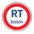 Señal circular roja y blanca con texto azul que dice “RT lesión”