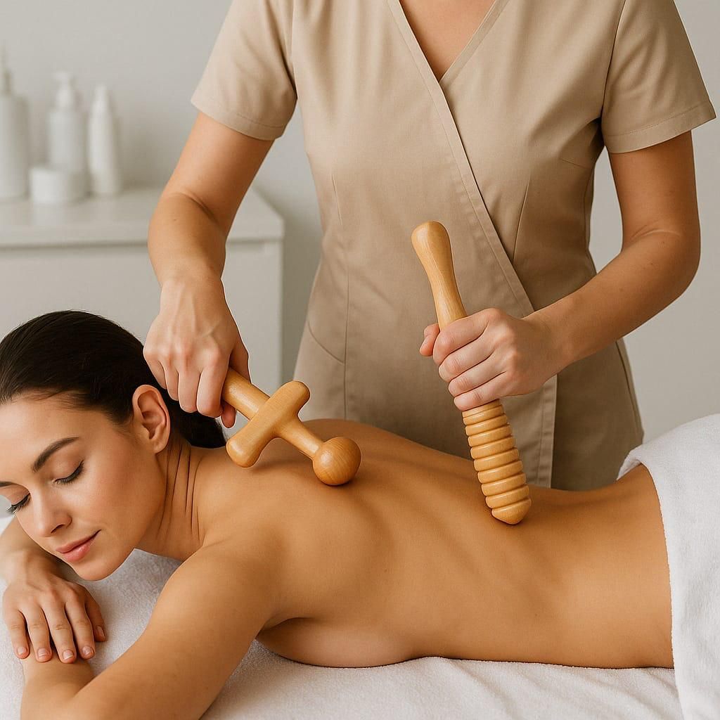 Una mujer está recibiendo un masaje con palos de madera en la espalda.