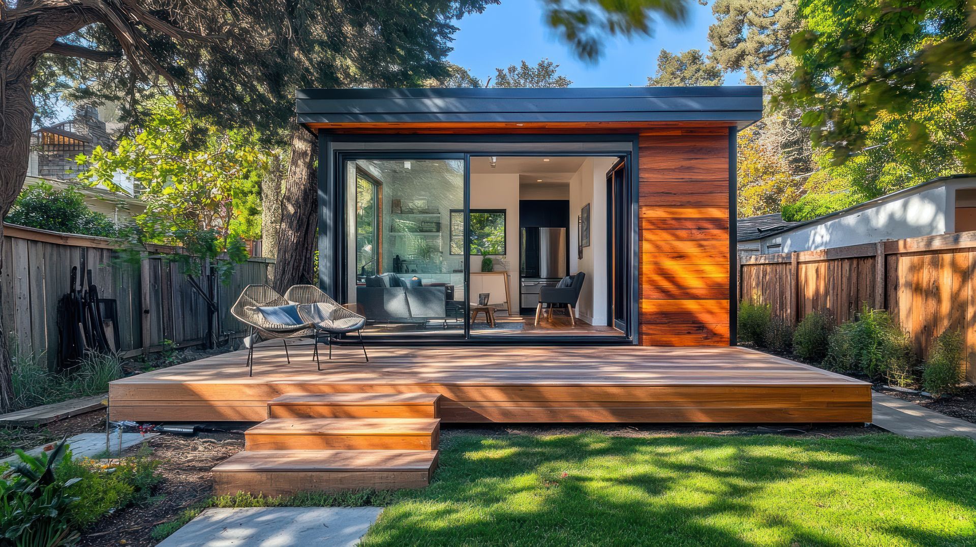Une maison en bois et une terrasse en bois.