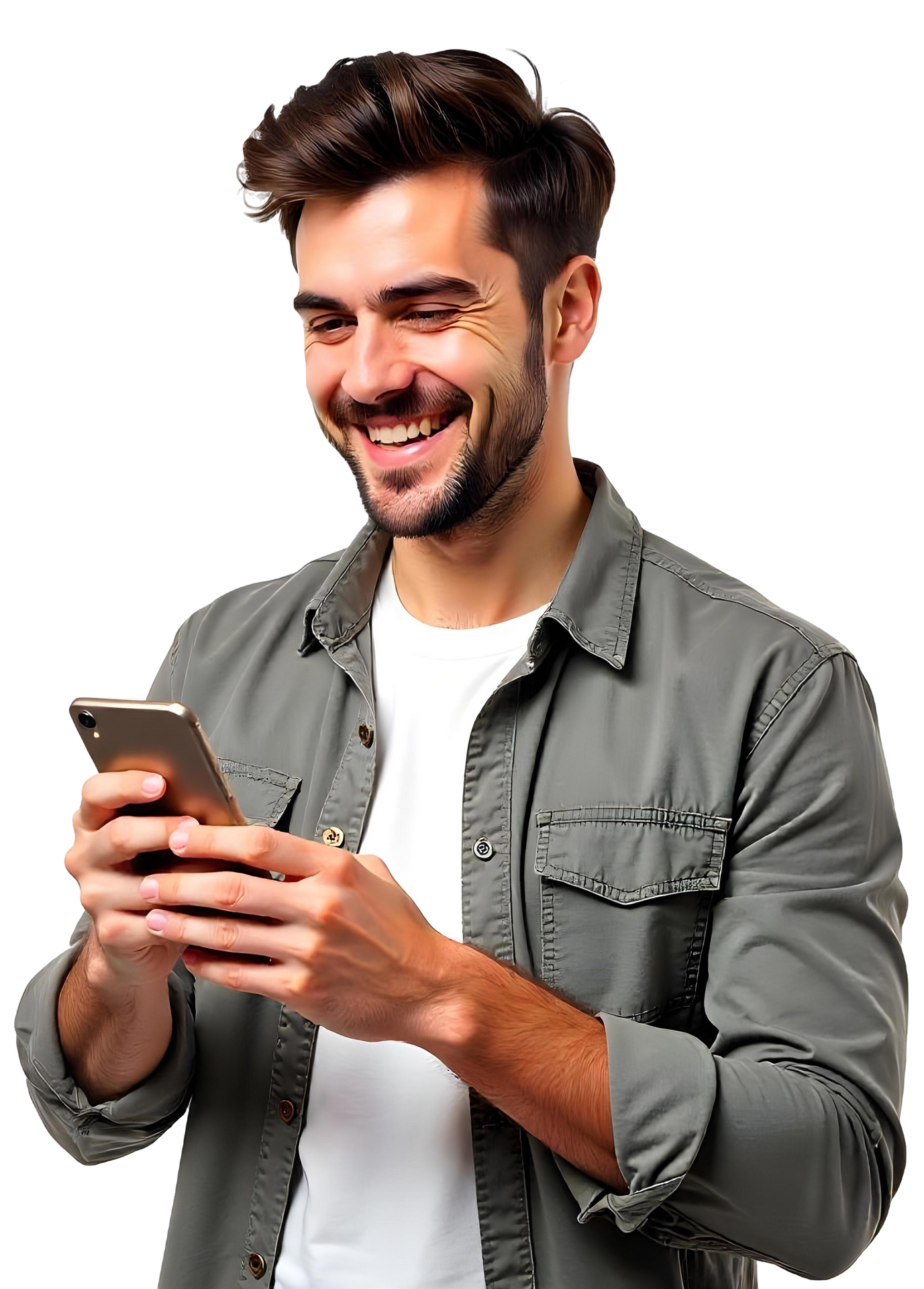 Un homme qui tient un téléphone en souriant.