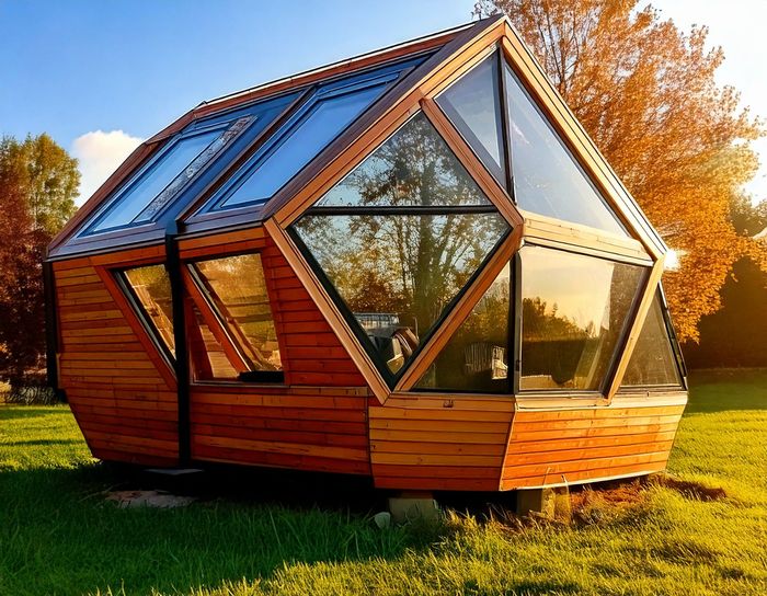 Une cabane en bois asymétrique.