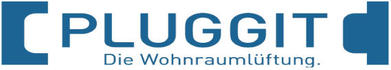 Logo von PLUGGIT, einem Unternehmen für Lüftungstechnik, in blauer Schrift und Design auf weißem Hintergrund.